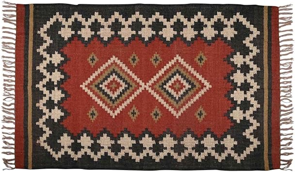 Geometric Kilim Wool and Jute Rug - Handcrafted Flatweave Jute & Wool Area Rug - Durable Dhurrie Non-Slip Rug for Living Room, Bedroom, Kitchen, and Entryway 2X3