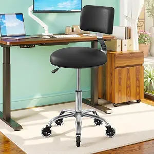 Rolling Stool Chair with Wheels, Height Adjustable Office Drafting Chair with Back Support and PU Leather Cushion, Black