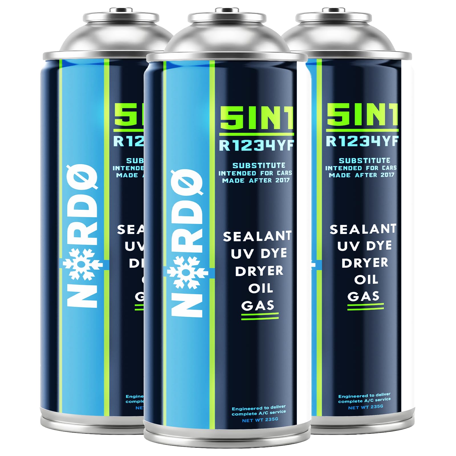 Nordo - 5in1 - Czynnik Chłodniczy R1234yf x3 do Samochodowej Klimatyzacji z Olejem, Uszczelniaczem, Barwnikiem UV, Środkiem Osuszającym - Szybka Aplikacja - Chroni Kompresor - 235g Każda Puszka