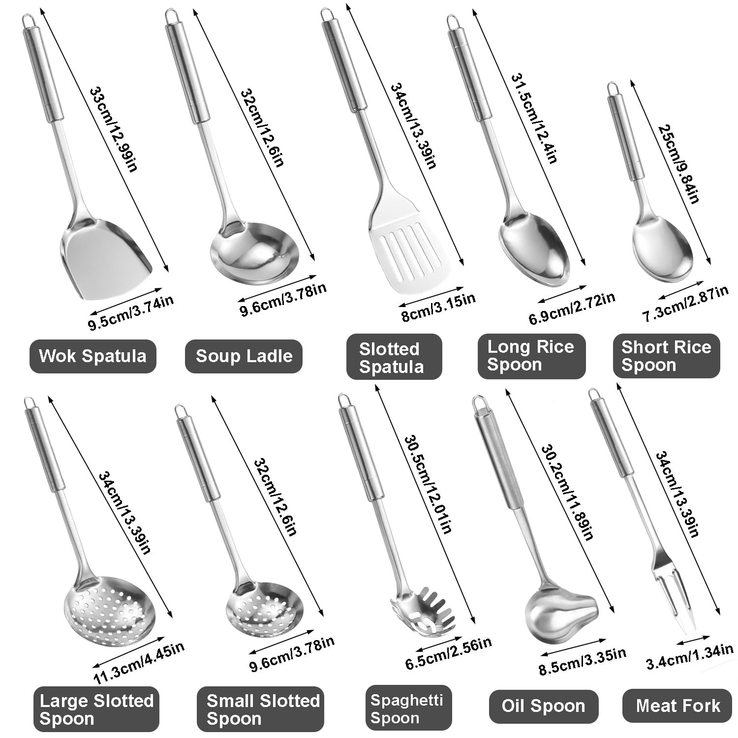 Ragyzity Juego de utensilios de cocina de acero inoxidable, 10 piezas de agarre cómodo, utensilios de cocina de acero inoxidable, antiadherentes y resistentes al calor, utensilios de servir, aptos