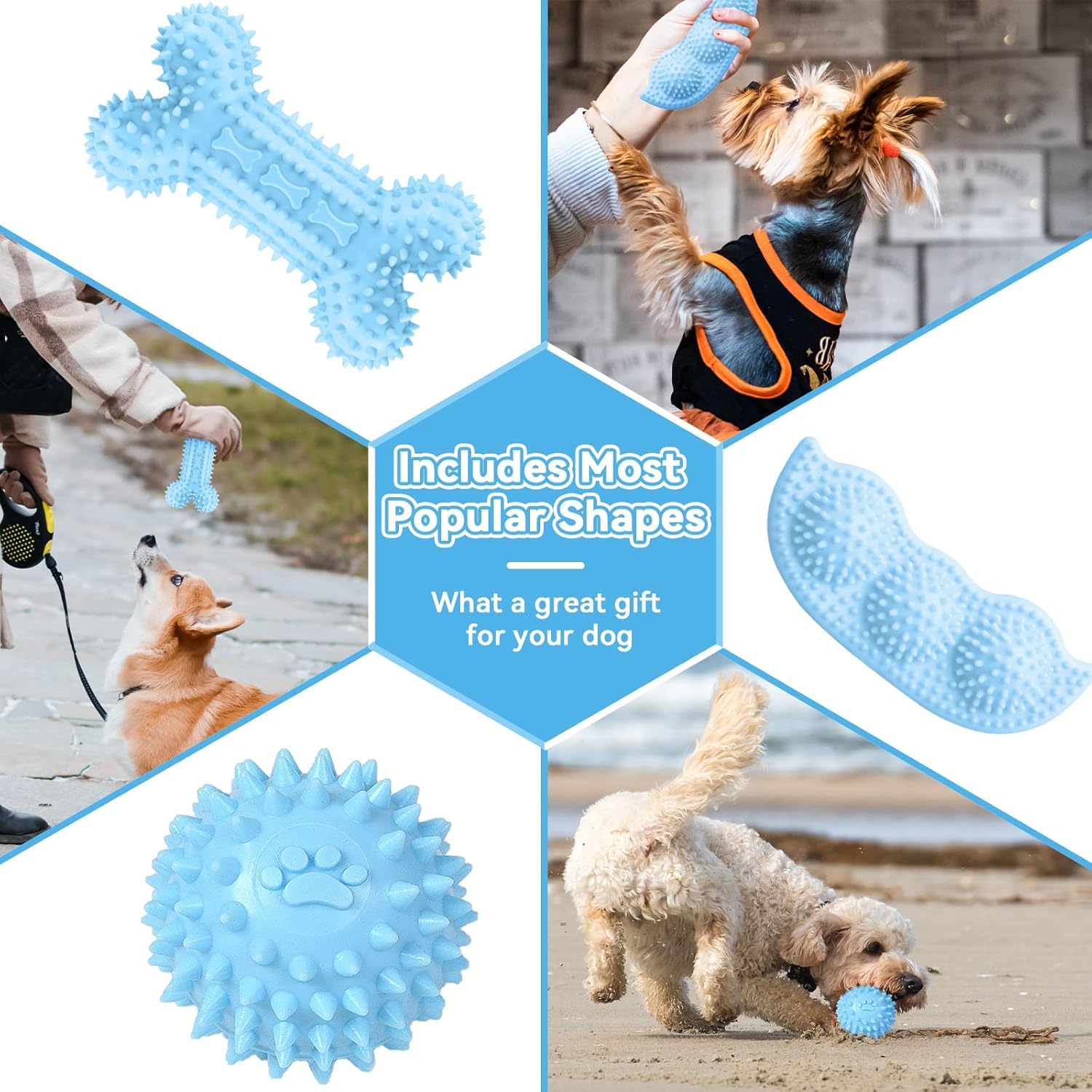 6 Pack Dog Chew Toys Set, Puppy Teething Toys, Blue Textured Rubber Squeaky Ball, Bone, Ring and Rope Toys, Small to Medium Dogs - Image 3