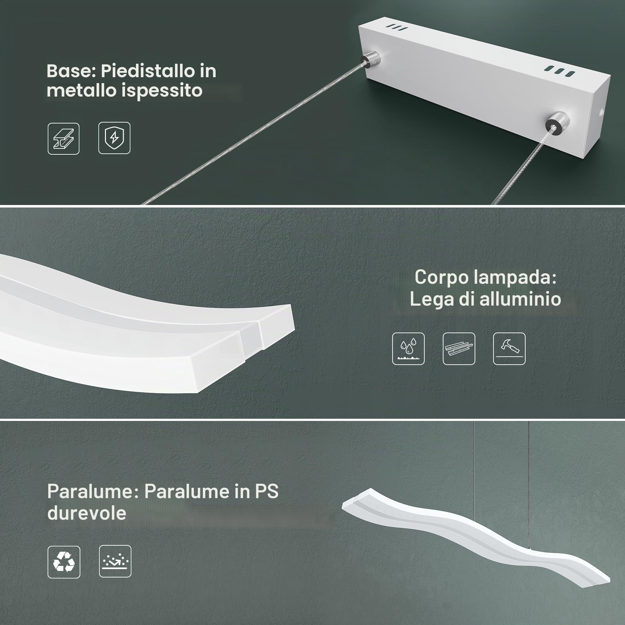 Mai & Mai Lampadario Sospensione 36W, 97 CM, Lunghezza Filo 150 CM, Bianco | Metallo Base, Altezza regolabile, Lampada da Soffitto a Sospensione per Camera da Letto, Cucina e Soggiorno, Bianco, Alivetta