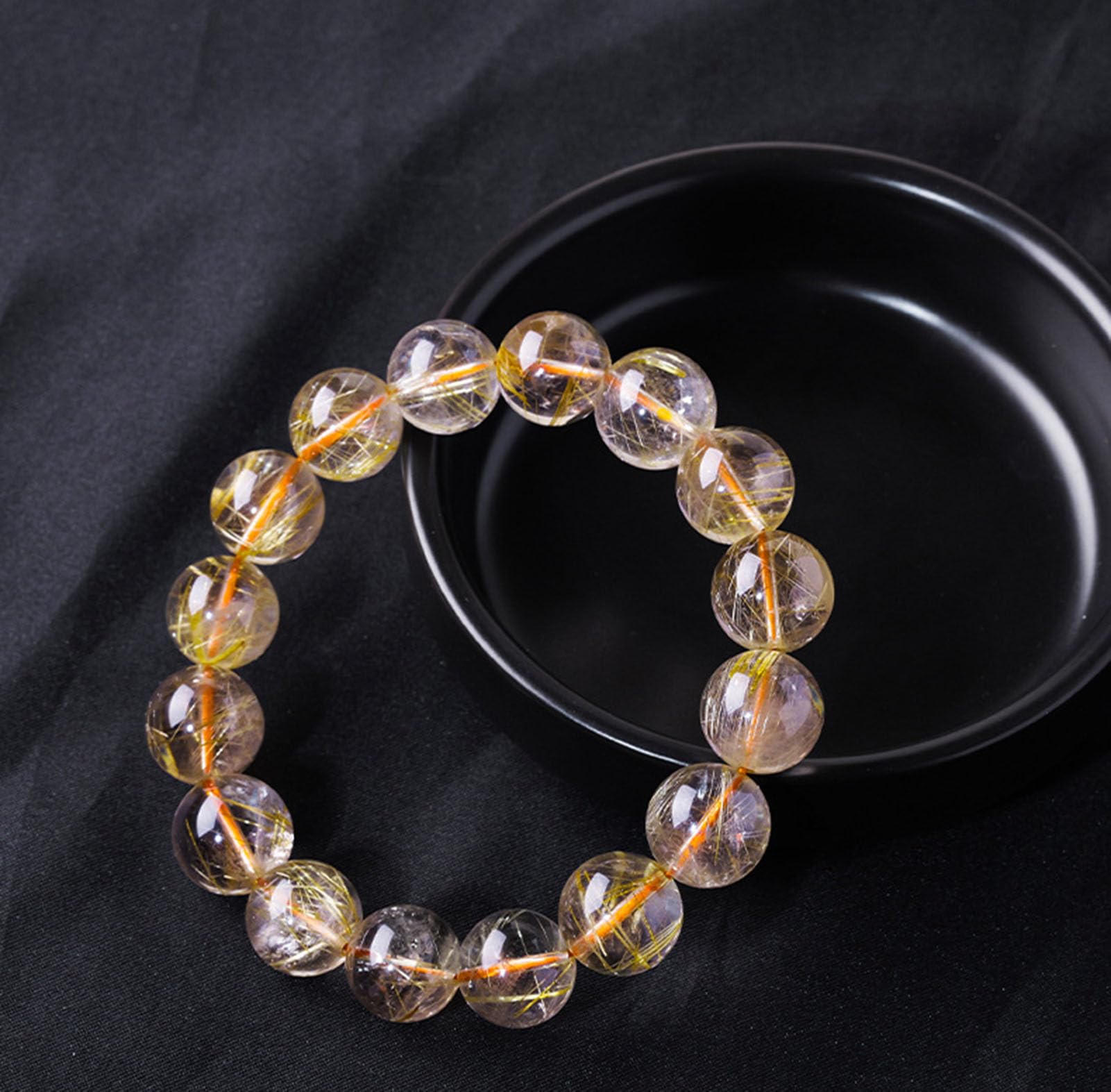 Natürliches goldenes Rutilquarz- und Hämatit-Edelstein-Stretch-Armband | Gelber Farbstein, runde Form, glatt geschliffener Stein, Heilenergie-Armband, handgefertigter Schmuck
