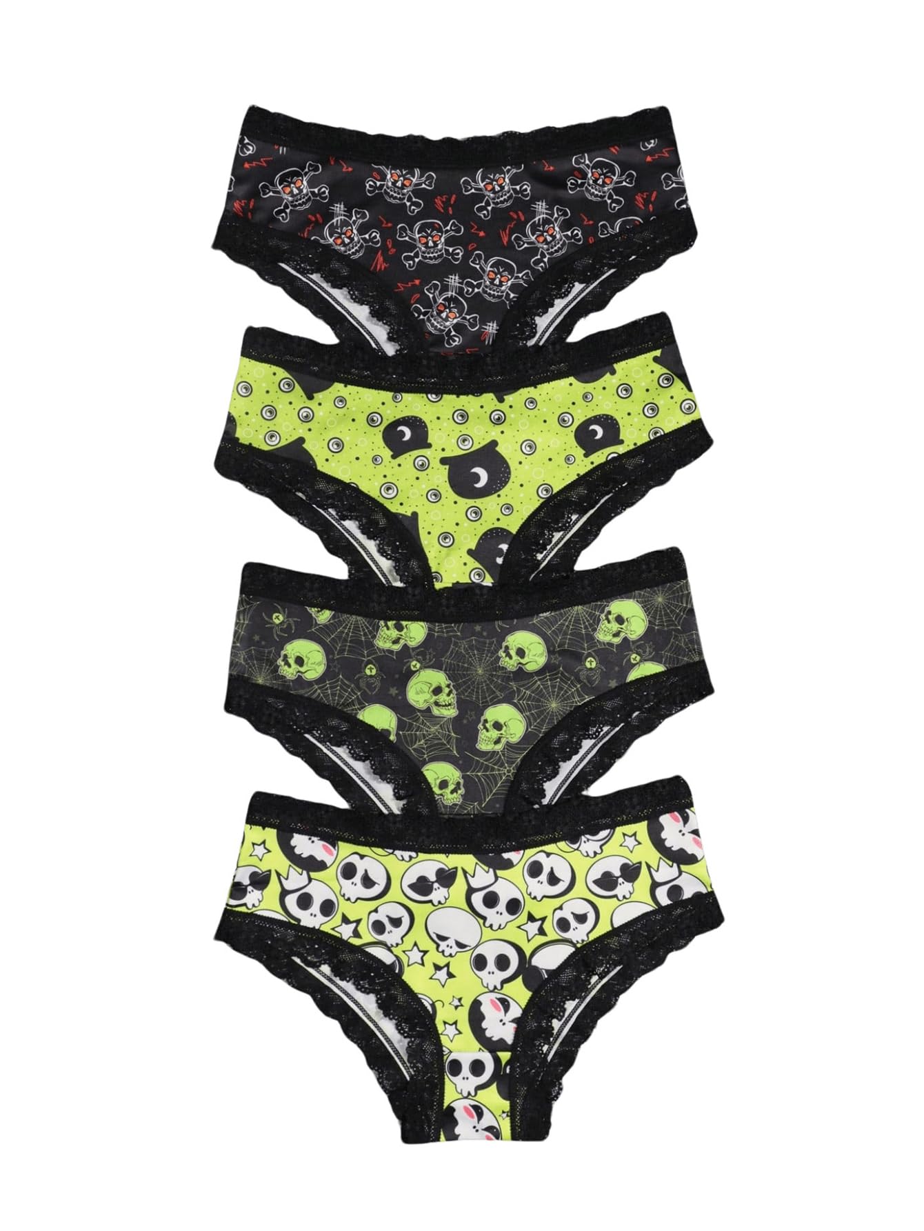 WDIRARA Women's 4 Pieces Gothic Lace Hipster Panties Set Low Rise Halloween Skull Underwear
