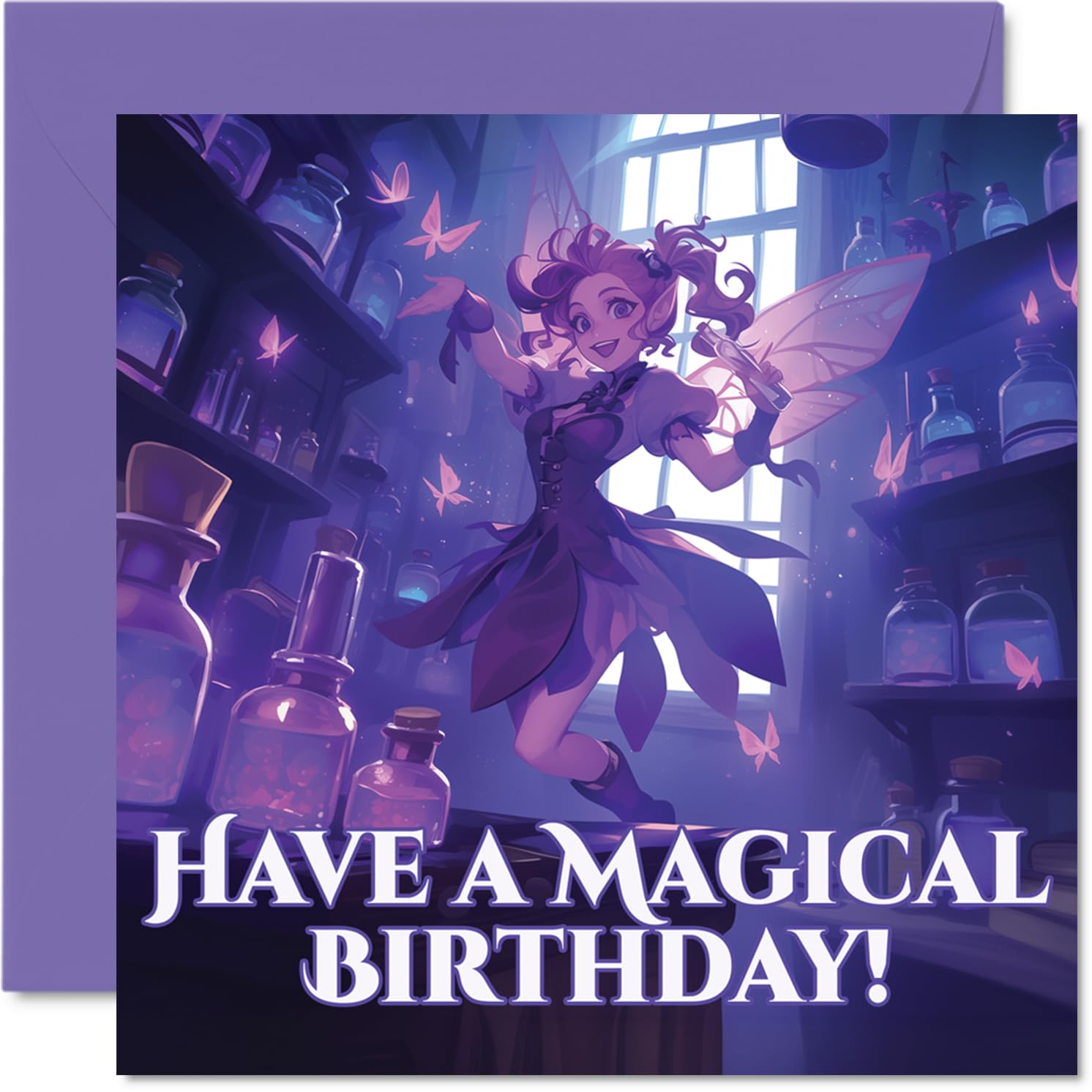 Cute Birthday Card - Sprinkle Some Birthday Magic - Whimsical Fairy with Pastel Butterflies and Bottles - 145mm Square, Envelope Included