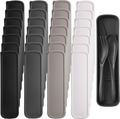 Vista 22 de Yahenda Juego de 28 utensilios de viaje reutilizables con estuche, cubiertos de paja de trigo, cuchara, cuchillo, tenedor, vajilla, fiambrera
