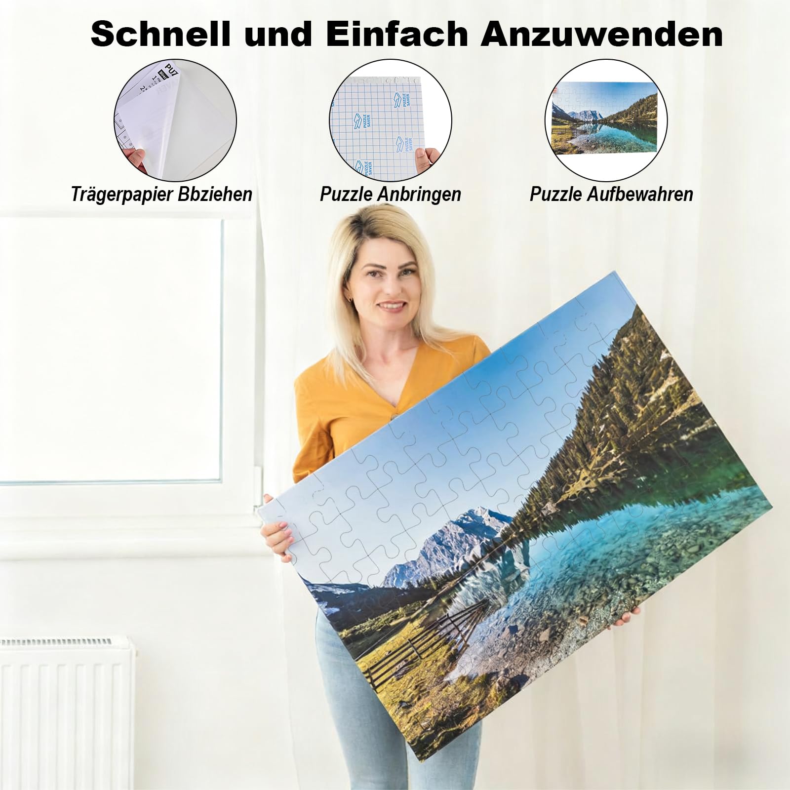 Faburo Puzzle folia samoprzylepna, 32 sztuki, super klej do puzzli, 4 x 1000 elementów / 8 x 500 części, 20 x 29 cm, folia samoprzylepna przezroczysta dla dzieci i dorosłych, do puzzli, przezroczysta
