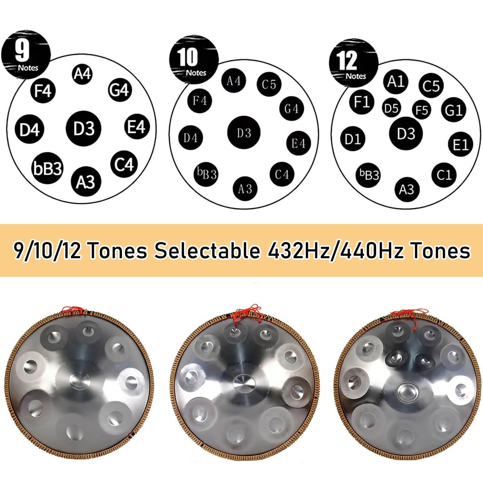 Handpan Drum 432Hz 440Hz 22 Pulgadas, Handpan de Acero en Re (D) Menor con 9/10/12 Notas, Tambor de Sonido Sanador para Adultos y Principiantes(Gold,440HZ/10Note)