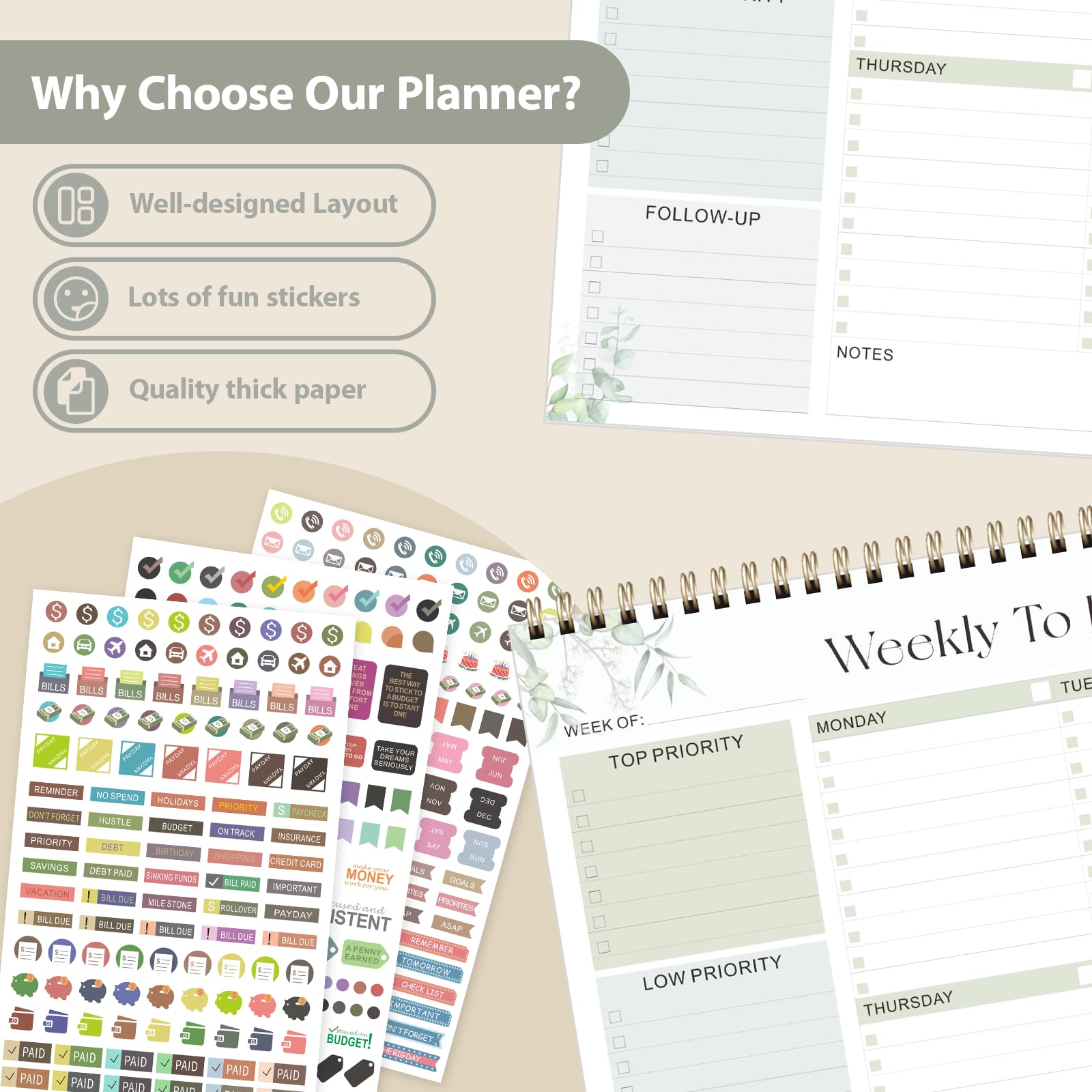 Blocco note settimanale per lista delle cose da fare, planner senza data con 52 fogli (21,9 x 27,9 cm), agenda settimanale da scrivania per donne e uomini, casa, scuola e lavoro (foglia)