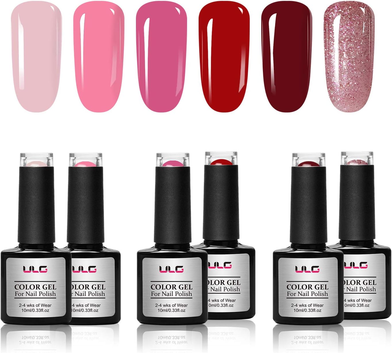 Gel Nail Polish Set ULG 6 Colors UV LED Non-Toxic Soak Off Nail Art Manicure Classic Elegant Pink Red Glitter Colors 10ml 0.33fl.oz