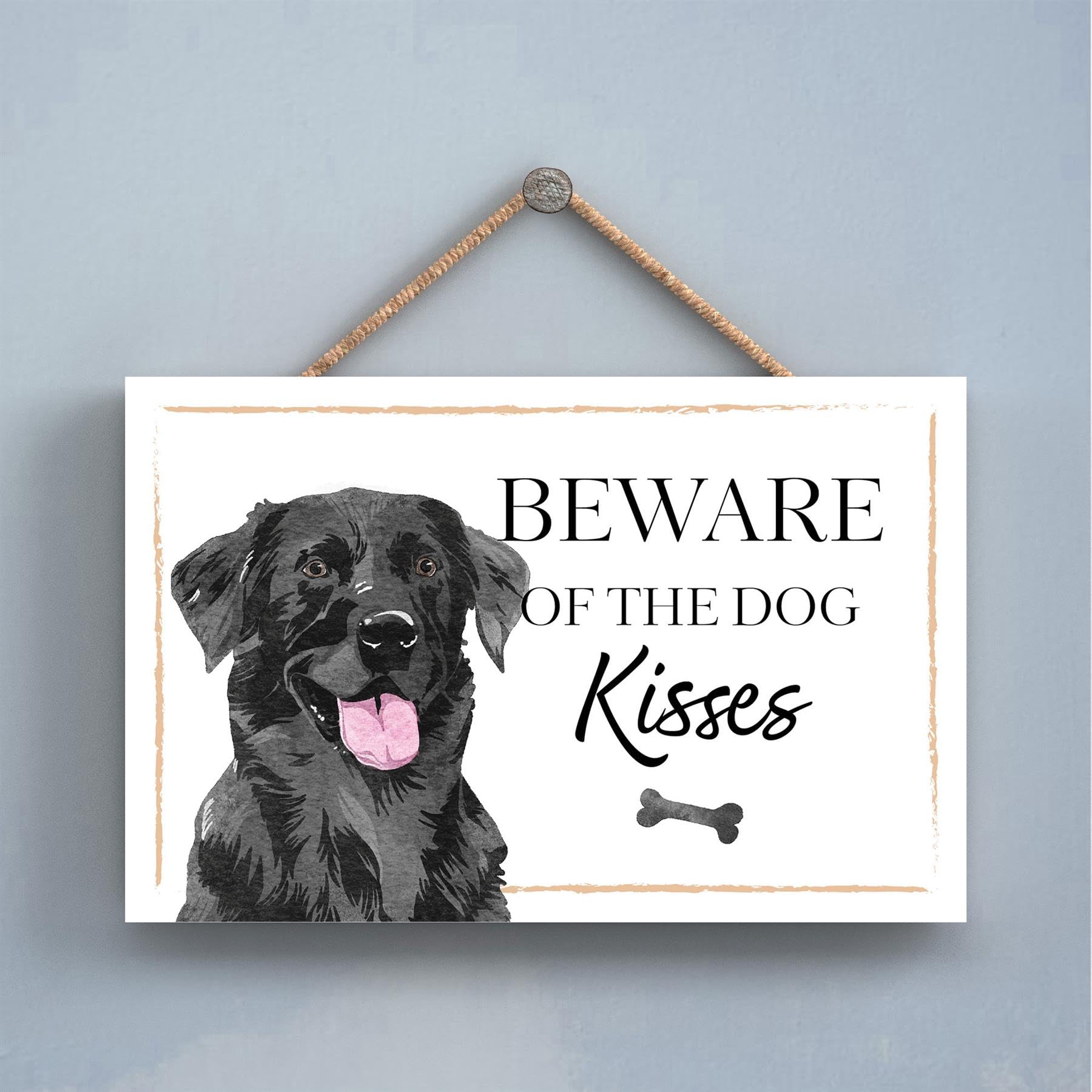 Global Designs White Grain Black Labrador Beware Of Dog Kisses Decorative Gift Wooden Hanging Rectangle Plaque
