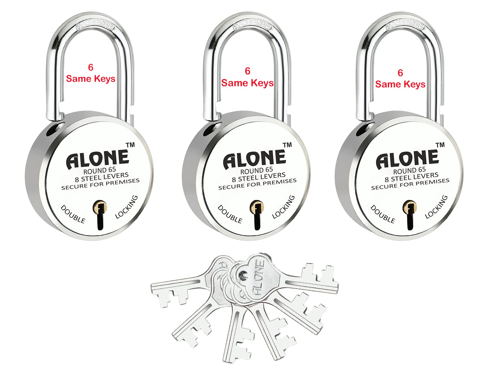 Alone Locks | Hard Shackle | Steel Body | Double Locking | Steel Levers Milled Keys | Lock and Keys for Home Door Gate Shop | Made in India | Door Padlock (6 Same Keys 65mm 3 Padlocks) (B0C5XJZCQ6) Amazon Price History, Amazon Price Tracker