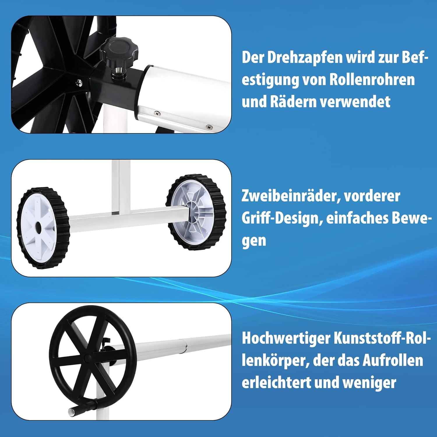 Close-up images of the pivot point, wheels, and hand crank of the pool reel system
