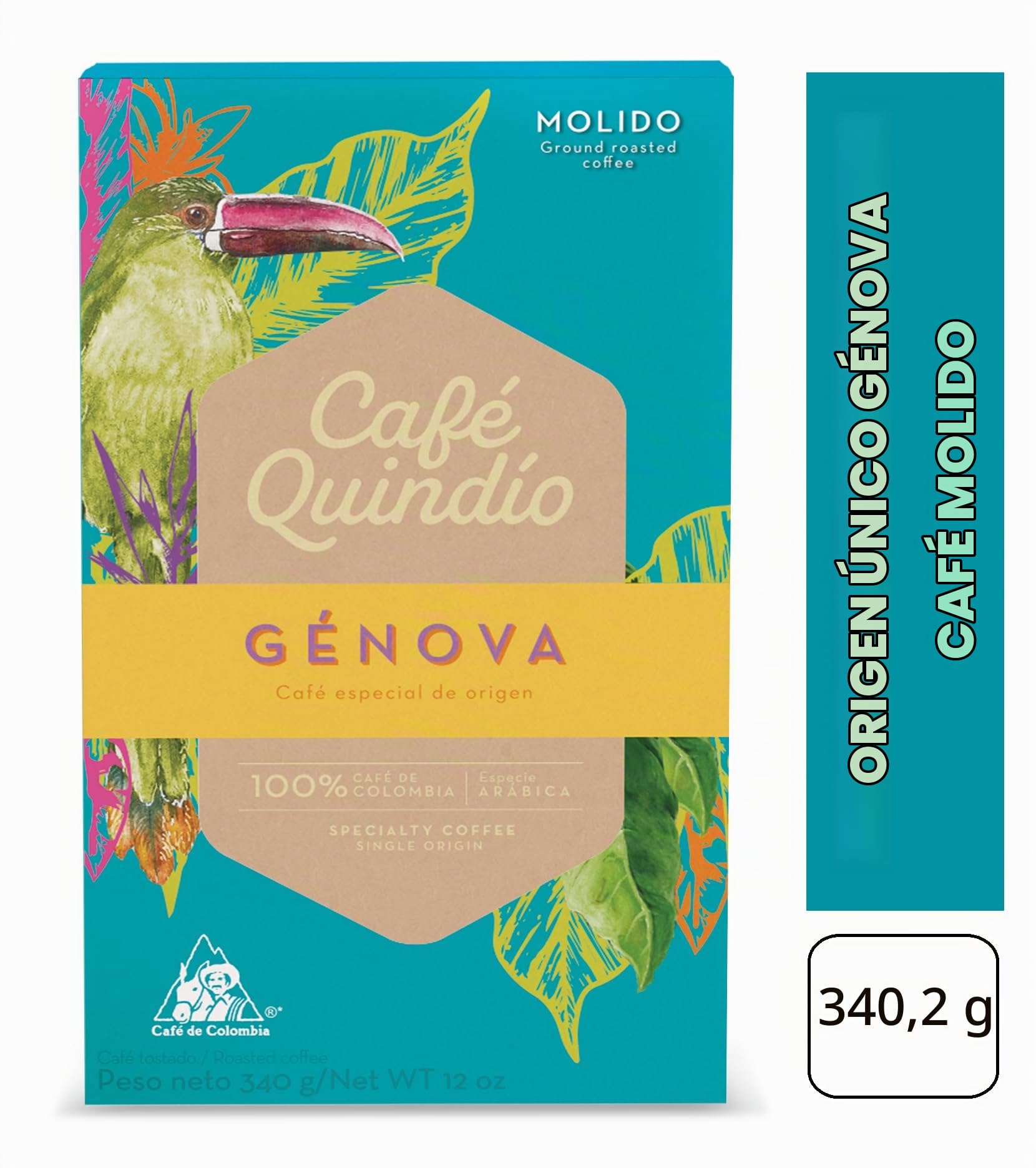 Café Quindío - Cafe Especialidad Molido, 100% Arábica Colombia | Origin único, SCA 87.68, tueste medio, ideal para cafetera goteo, prensa francesa o V60 (340 g, Caramelo)