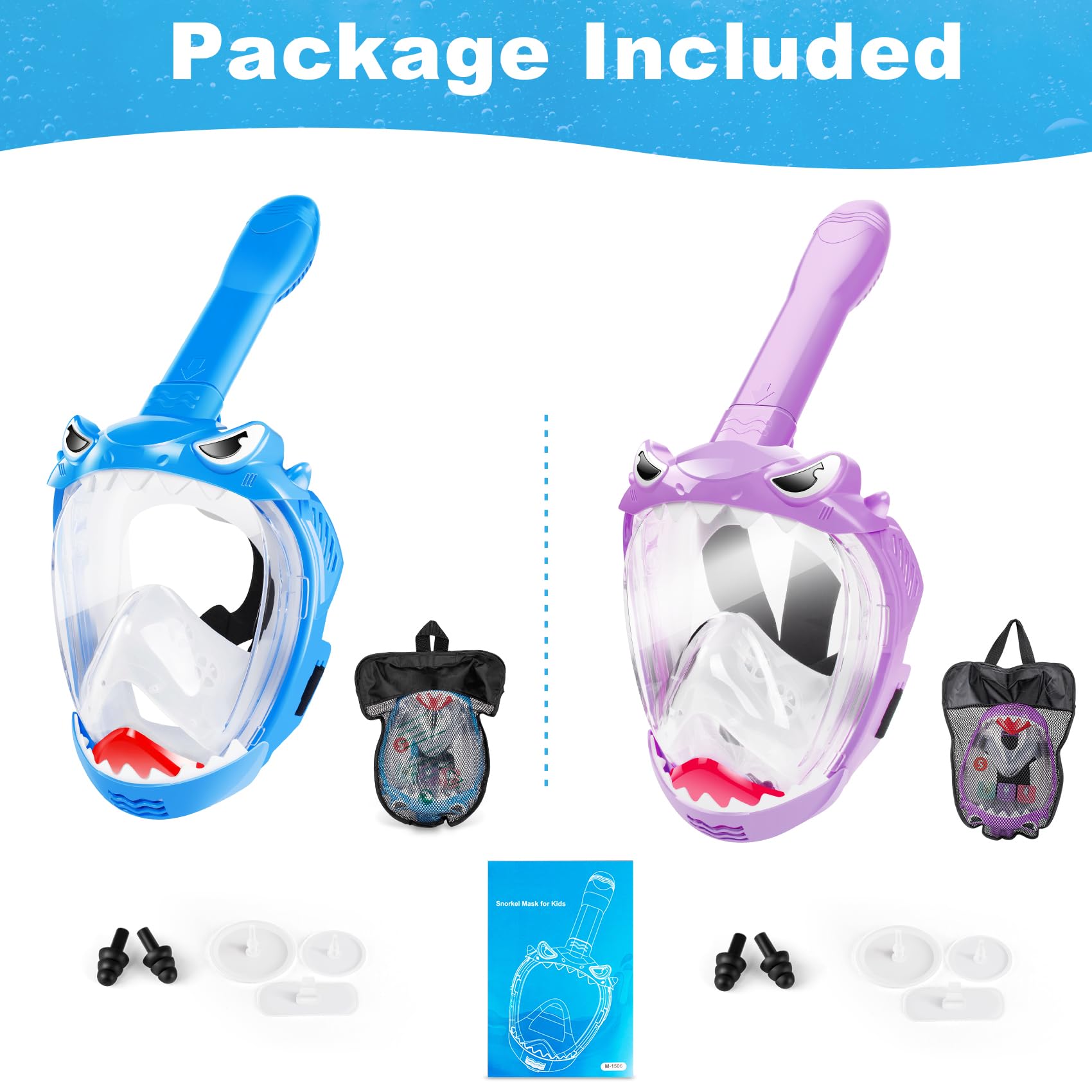 Set da snorkeling per bambini, maschera da snorkeling integrale per bambini con vista panoramica a 180°, set da snorkeling per bambini con design pieghevole, anti-perdita e anti-appannamento per