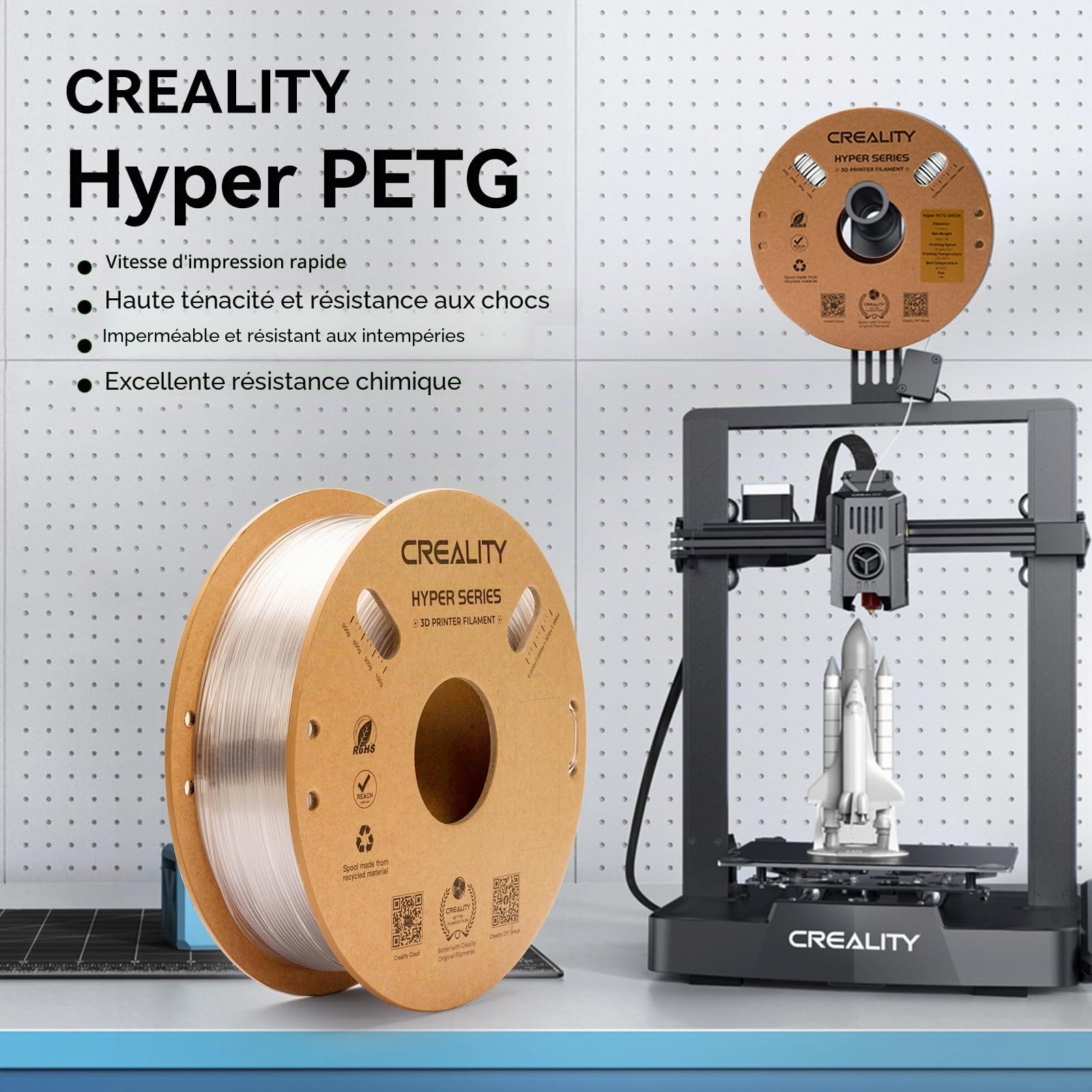 Creality Hyper PETG Filament 1,75 mm, Filament d'imprimante 3D Conçu pour Une Vitesse élevée de 30 à 600 mm/s, 1 kg (2,2 LB)/Bobine de Filament, Précision Dimensionnelle ±0,03mm, Transparent
