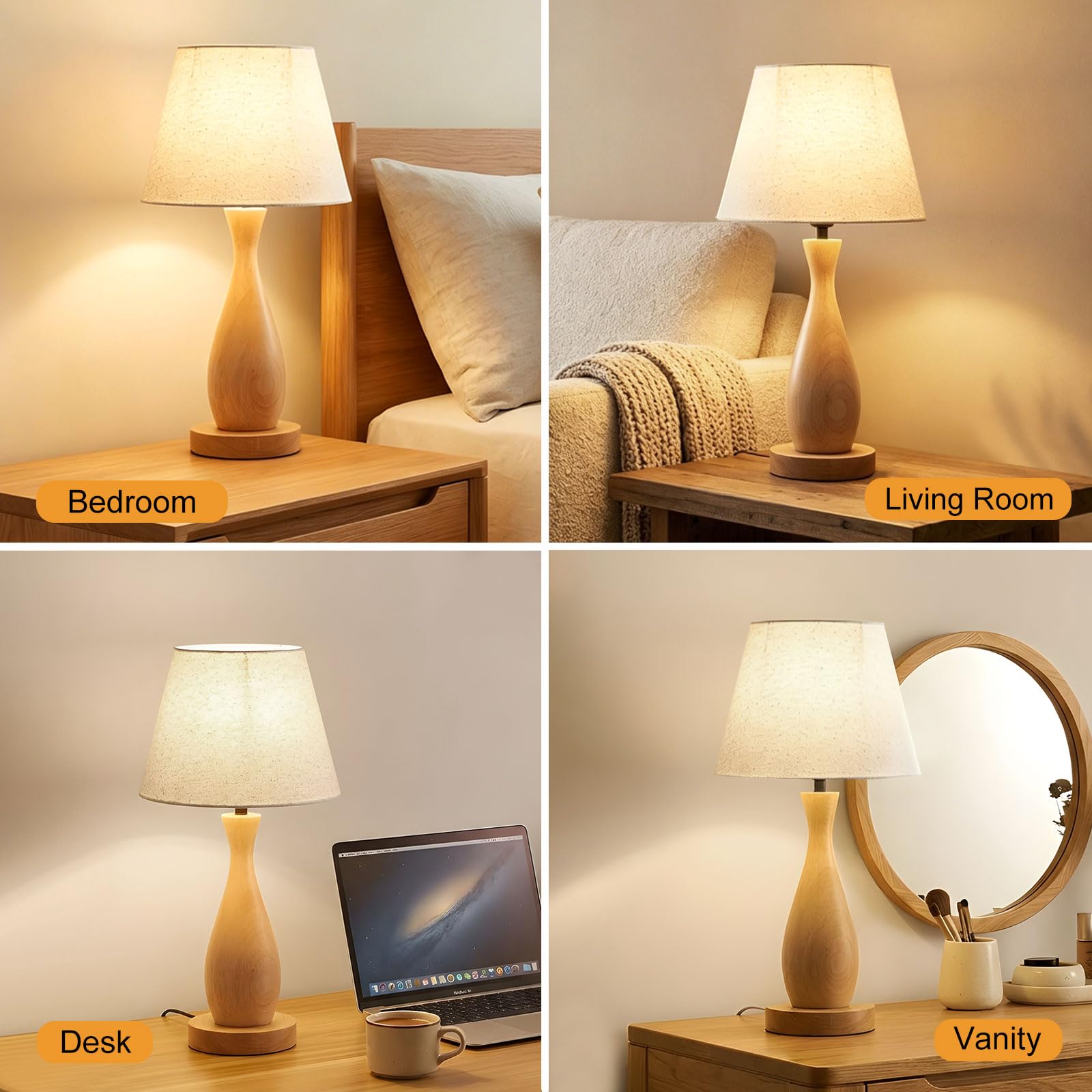 4776313 Tischlampe mit Leinen-Lampenschirm, moderne Nachttischlampe | E27, Holzfuß Tischleuchte für Schlafzimmer, Wohnzimmer, Arbeitszimmer und Flur, Leuchtmittel nicht enthalten