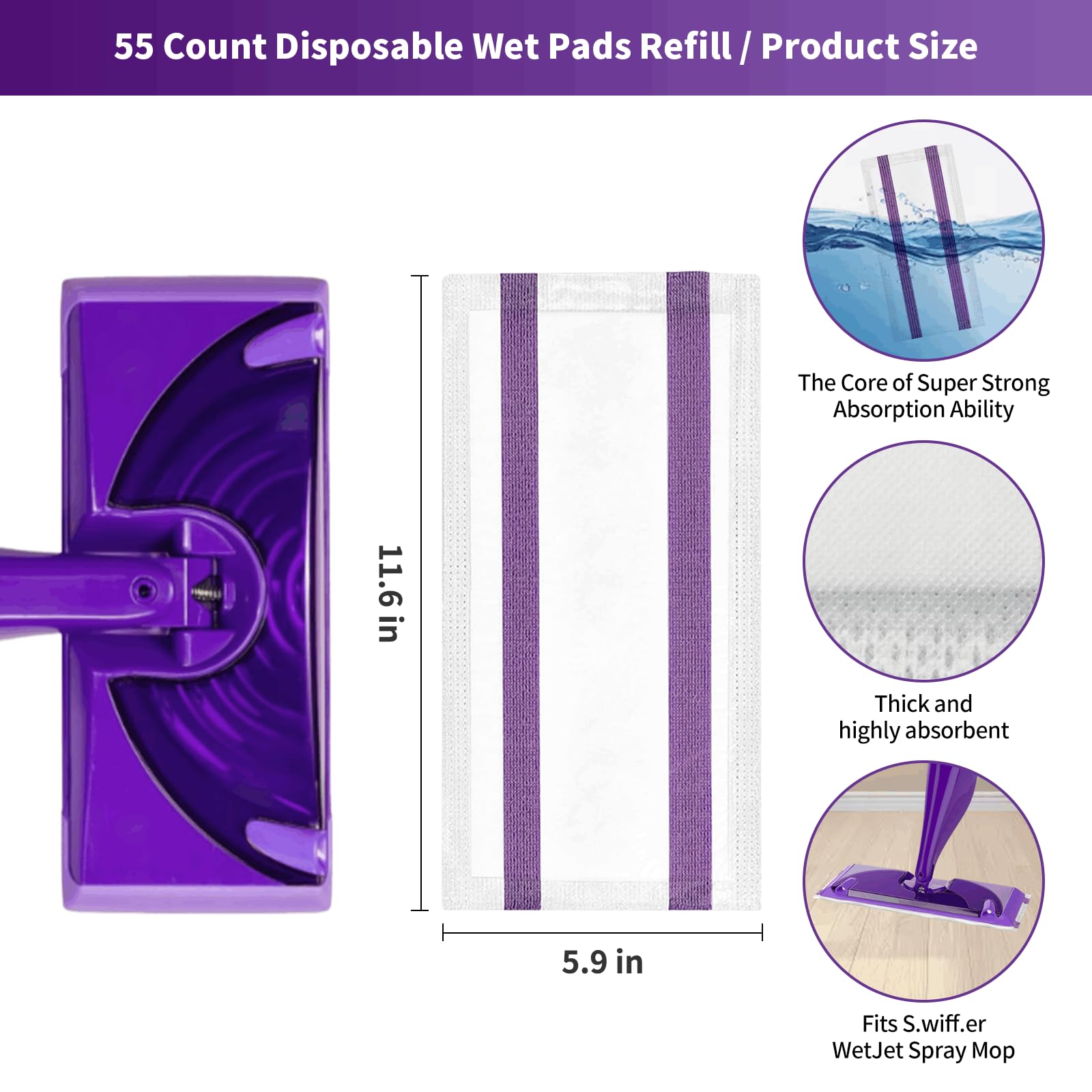 55 almohadillas de chorro húmedo para mopa Swiffer Wet Jet, almohadillas desechables para suelos multisuperficie, limpiador de suelos de madera dura de chorro húmedo grueso y súper absorbente para
