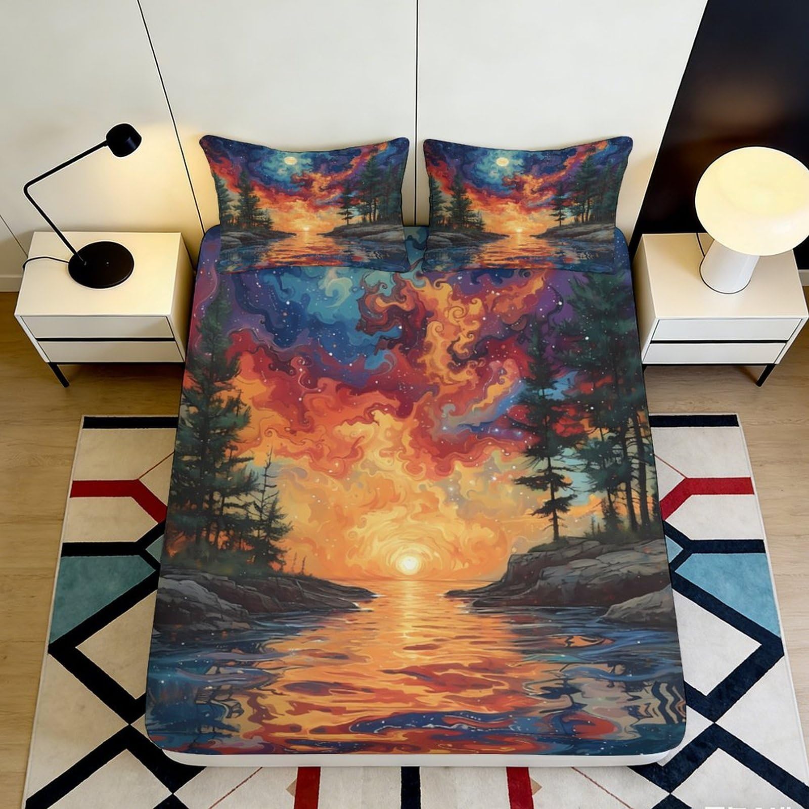 3D Printed Sunset Lake Fitted Sheet Microfiber Soft Landscape Forest Mattress Cover Bedroom Decor 90x200x25cm