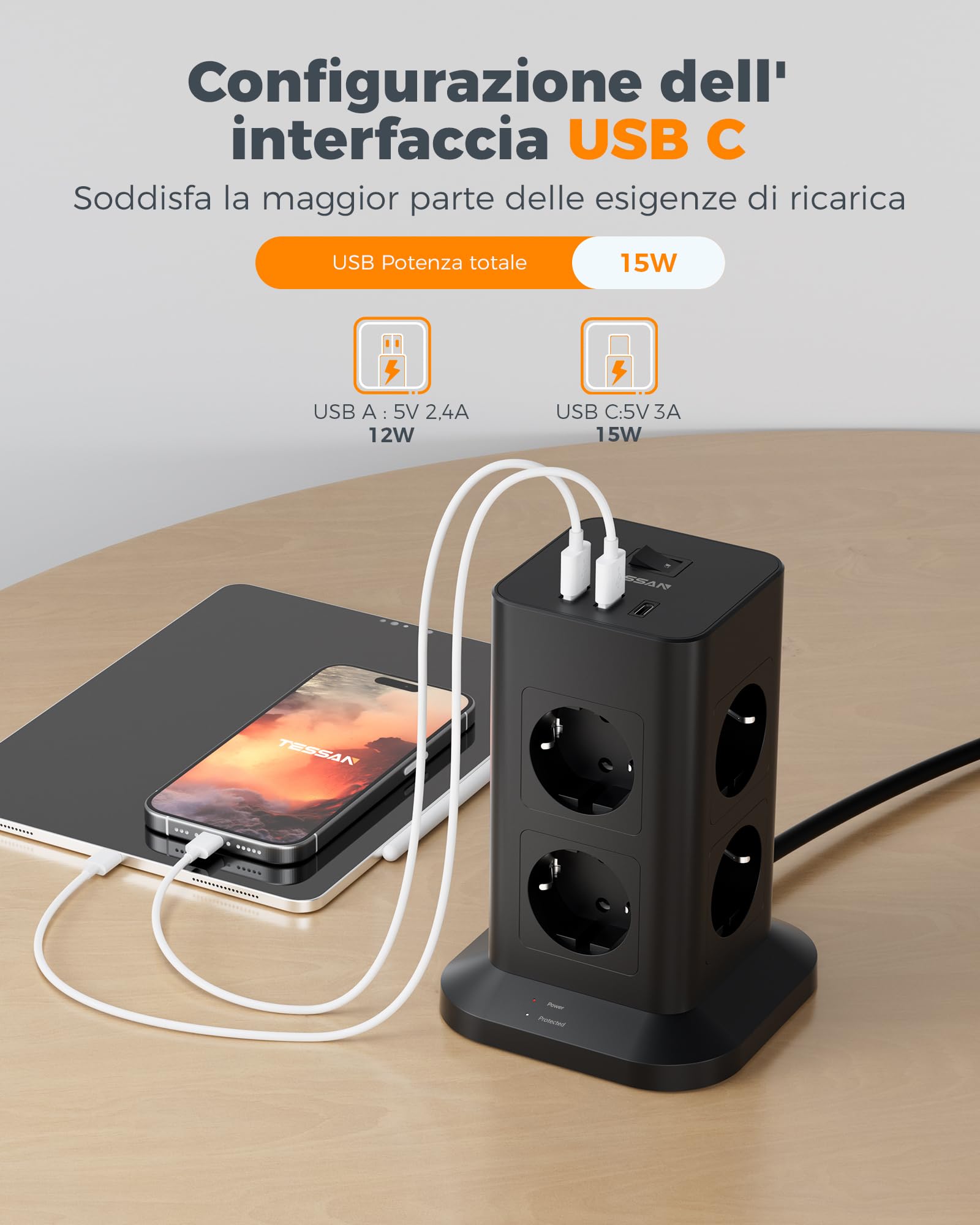 TESSAN 8 Prese Ciabatta Multipresa con USB, Multipresa Elettrica con Prolunga Elettrica 10 Metri, Presa Verticale Protezione Sovratensione, 3600W Ciabatta con Interruttore, Nera