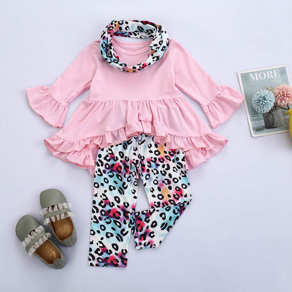 Yccutest Baby Girl Outfits Long Sleeve Solid Color Ruffle Shirt+ Long Pant+ Scarf 3Pcs Toddler Girl Fall Clothes Suit (Pink,18-24 Months)