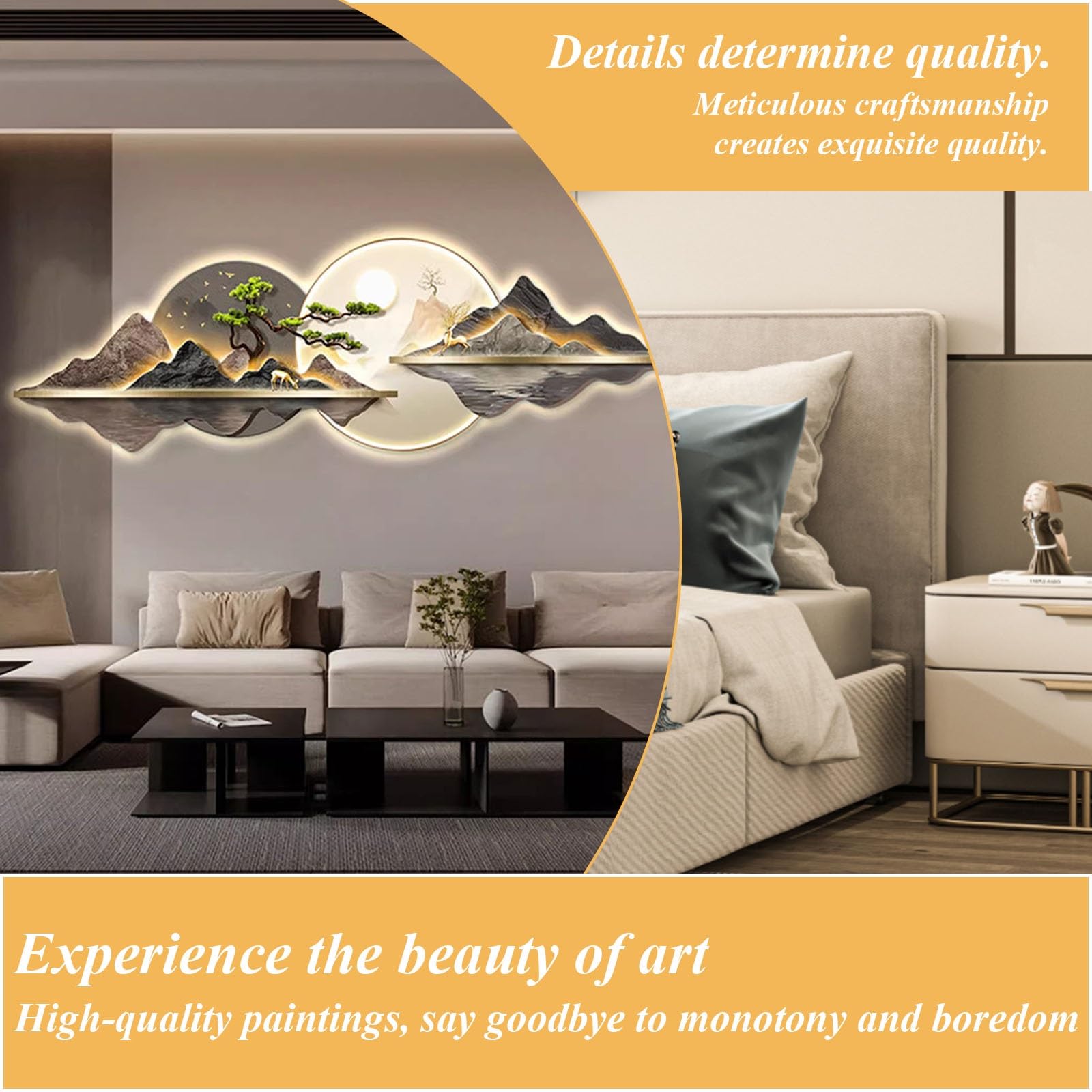 Wandkunst mit warmweißem LED-Licht，3D-Wandkunst LED-Beleuchtung – moderne chinesische Landschaftsmotive，Dekorative LED-Wandleuchten für Wohnzimmer,Schlafzimmer und Büros(B,150*50cm/59.1*19.7in)