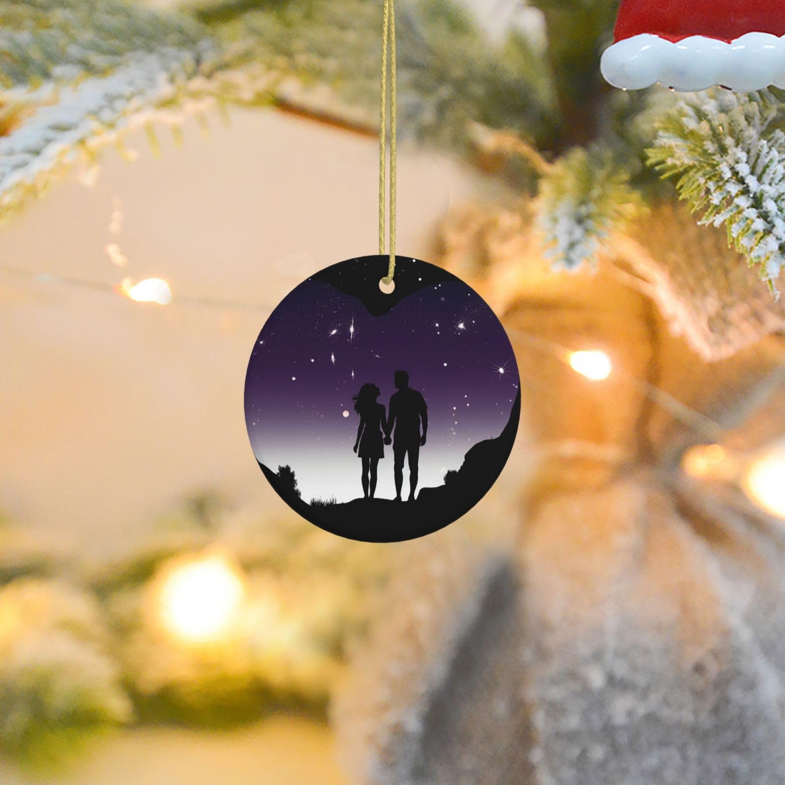 Christmas Tree Ornaments Ceramics Christmas Round Decorations Space Silhouette Couple Ceramics Ornaments Circle Pentagram Xmas Tree Hanging Pendant for Christmas Tree Party Holiday Home Decor