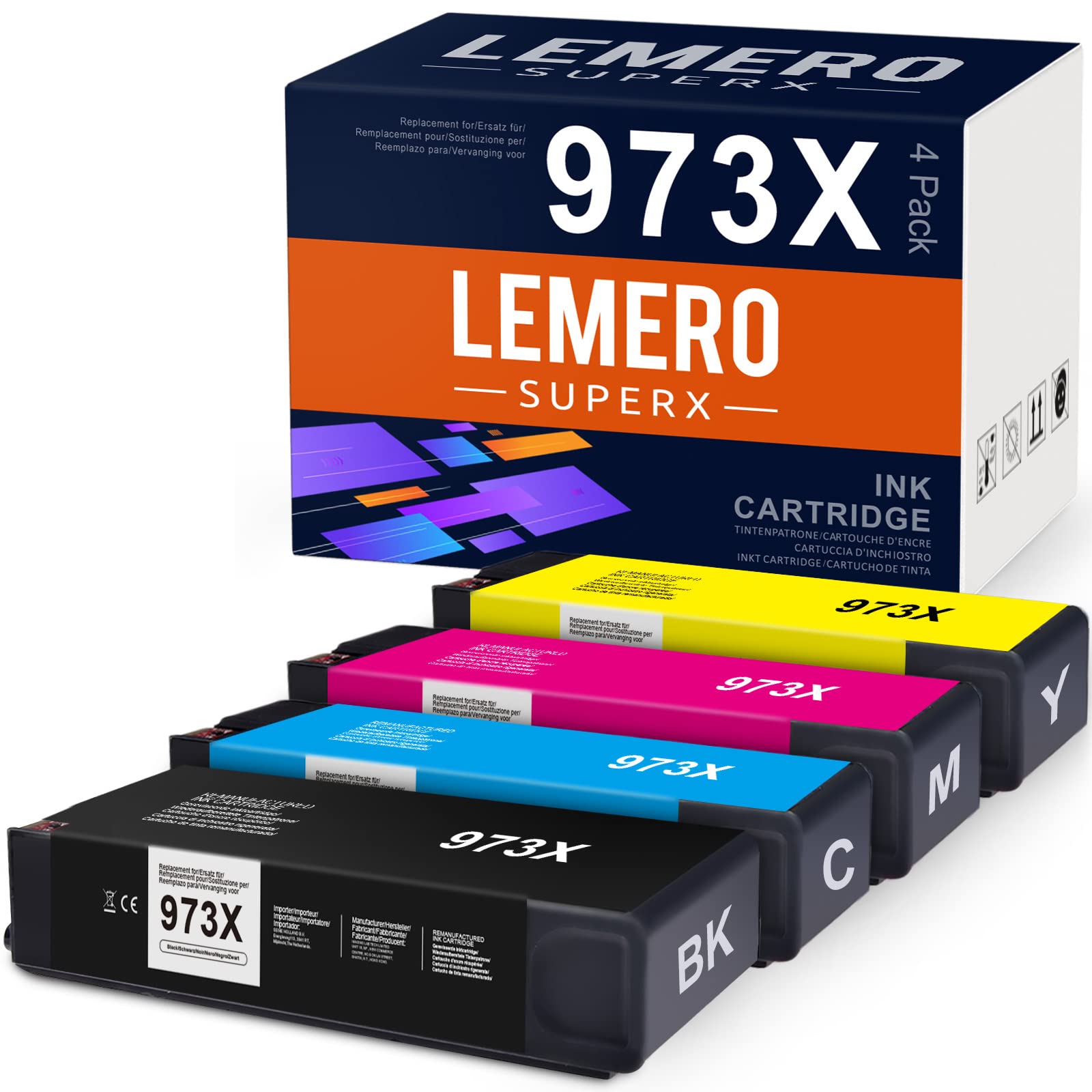 4 Lemero Superx Ink Cartridges Compatible with HP 973X 973A for Hp PageWide Pro 452dn 452dw 477dn 477dw MFP 552dw 577dw 577z MFP Managed MFP P57750dw P55250dw (1Black/1Cyan/1Magenta/1Yellow)