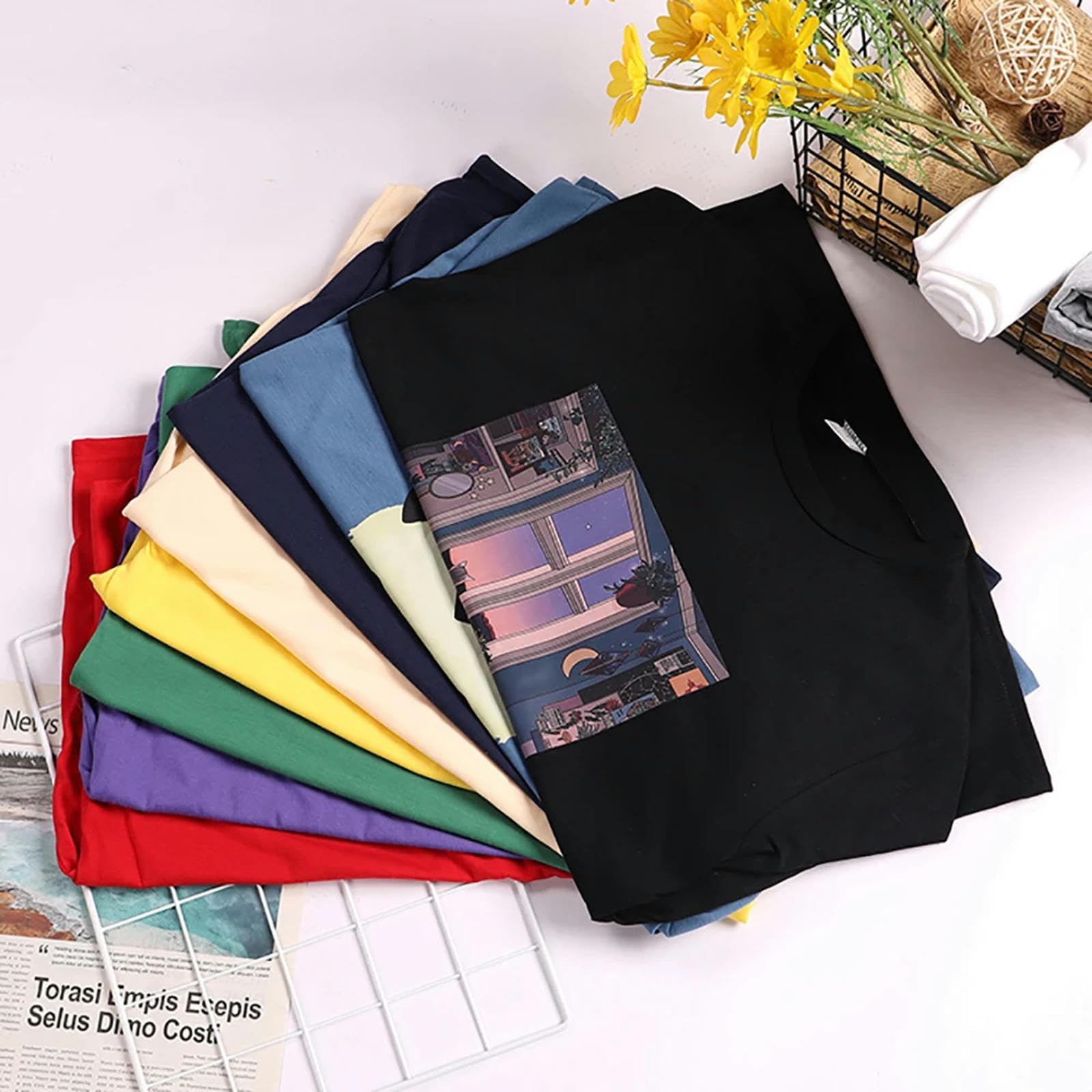 T-Shirt Shoreline T - Shirt Imprimé Femmes Street Cotton Kawaii Manches Courtes Oversize Top Loose Sport T - Shirt-Bleu Foncé-Le XXL