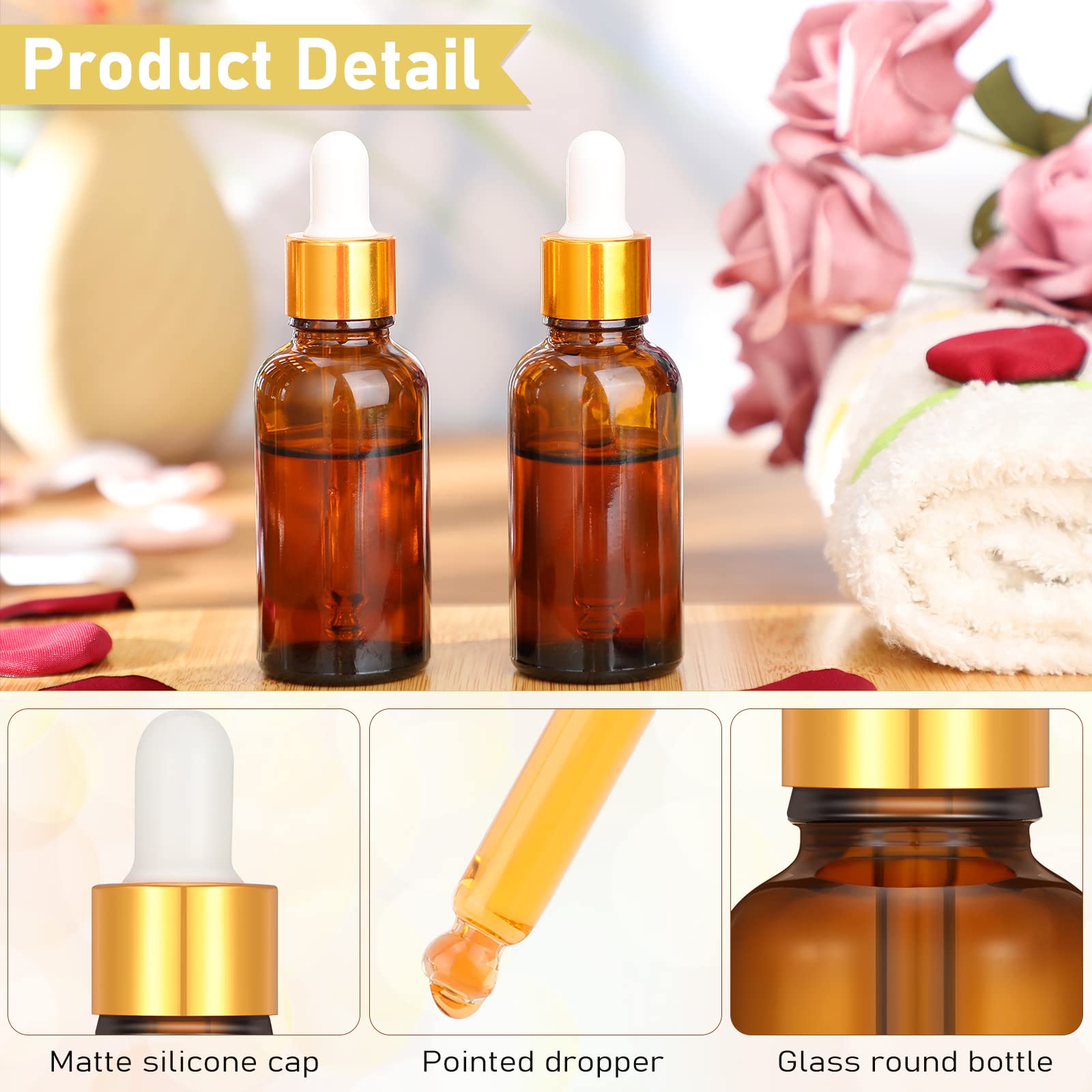100 Stück Glas-Tropfflaschen, 28.3 ml, ätherisches Öl, Tropfflaschen, mit Etiketten und Trichtern, goldene Kappen, leere Tinkturflaschen, Kosmetik, Reise-Flüssigkeitsbehälter mit Tropfen (Bernstein)