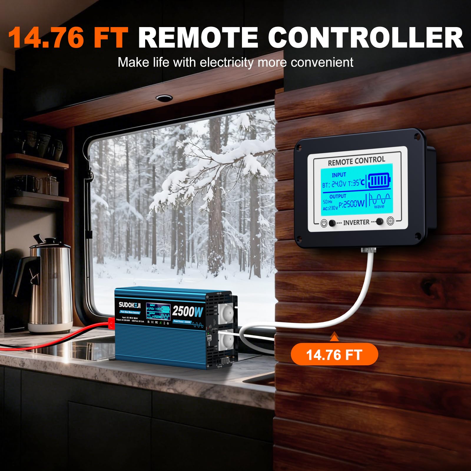 Wechselrichter 24V auf 230V Reiner Sinus 2500W Spannungswandler mit LCD-Bildschirm-Fernbedienung 2 EU-Steckdosen & 2 USB-Anschluss für Wohnwagen, Boot, Camping