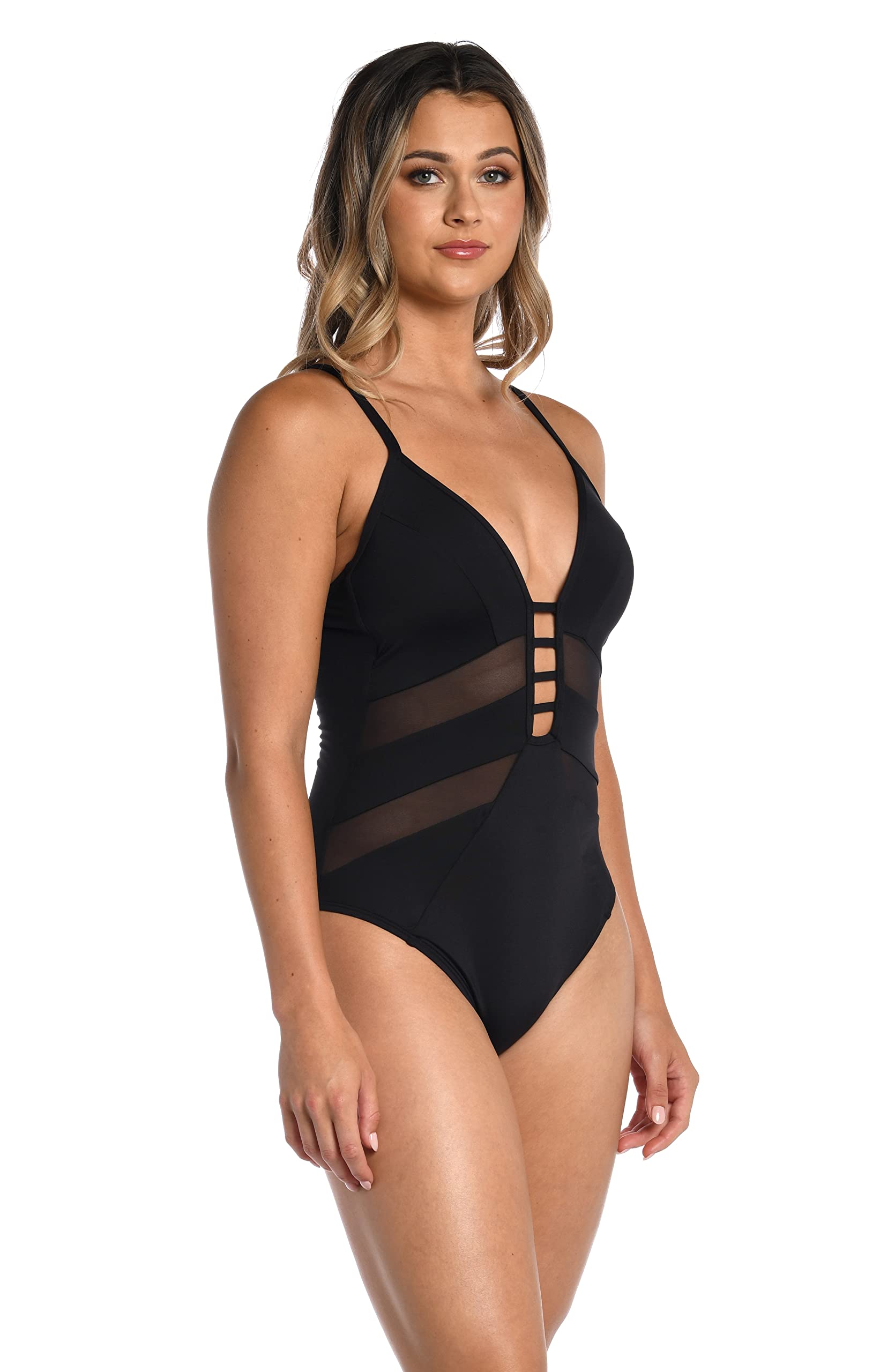 Amavi Plunge Push Up One Piece Swimsuit Black