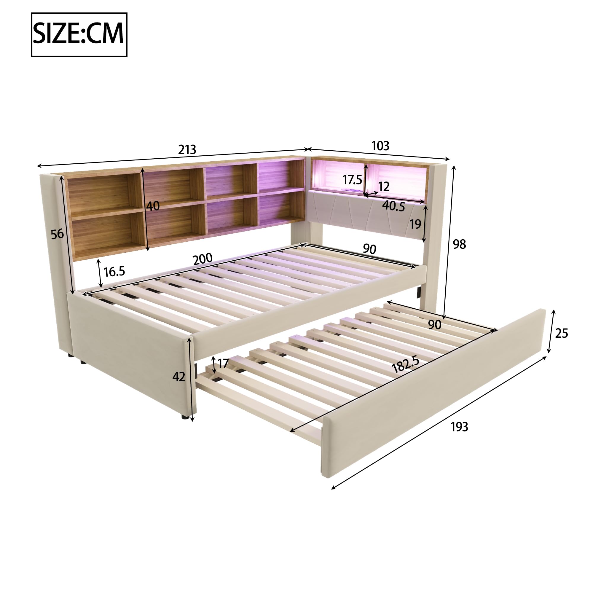 Moimhear Divano letto 90 x 200, letto estraibile 90 x 190 cm, con presa USB e molti scomparti, letto imbottito, divano letto multiuso, letto singolo (beige)