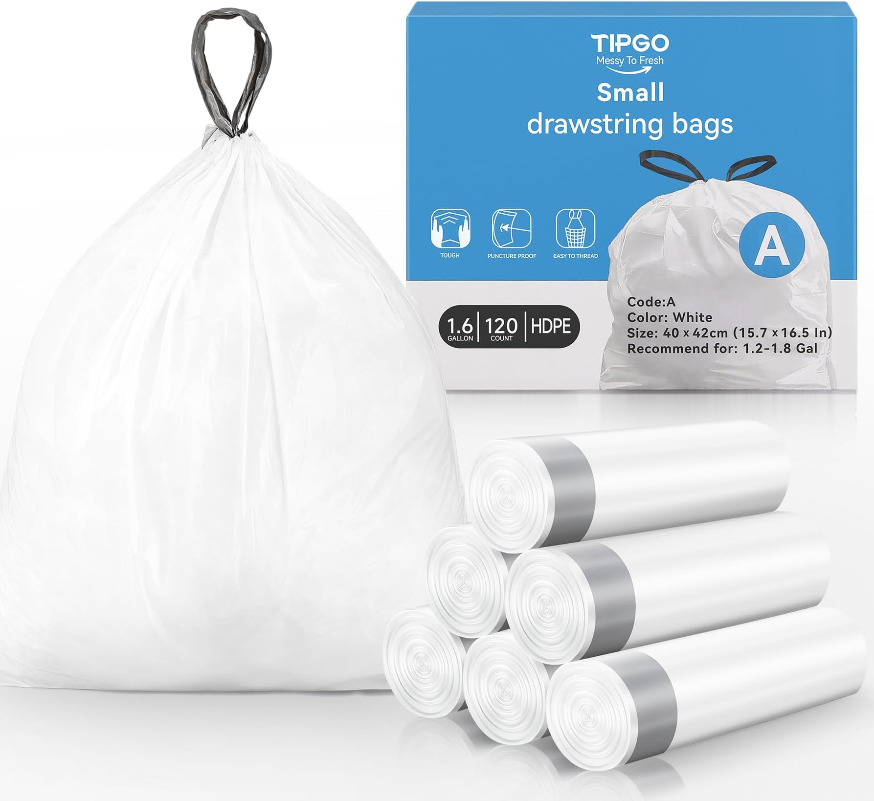 TIPGO Small Trash Bags Drawstring 1.6 Gallon, Pre-Cut Mini Garbage Bags for 1.2-1.8 Gallon Trash Bins, 120 Count (Code A)