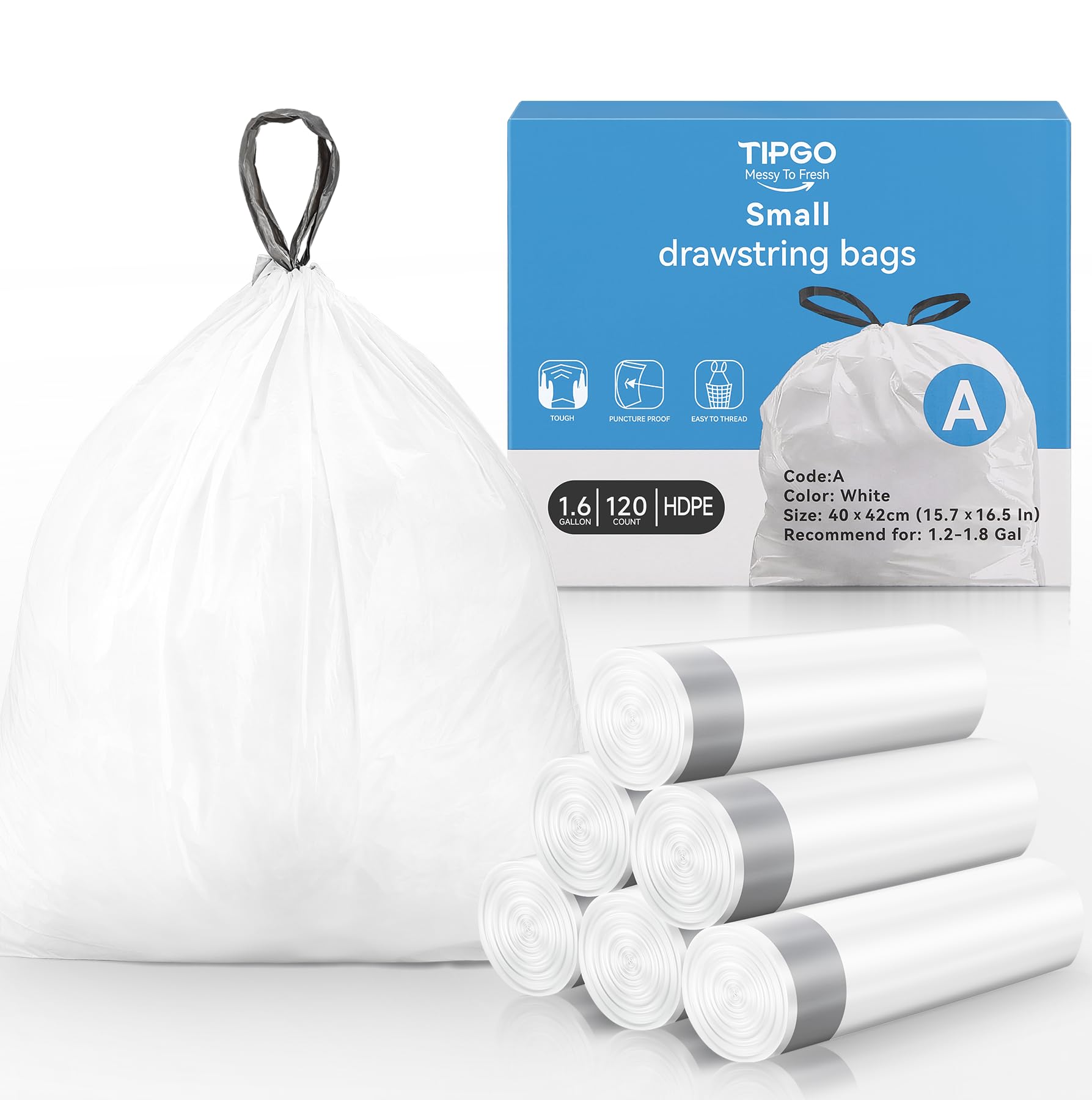 TIPGO Bolsas de basura con cordón, 120 unidades, precortadas de 1.6 galones/6 litros, bolsas de basura pequeñas, bolsas de basura blancas para el hogar, oficina, baño (código A)