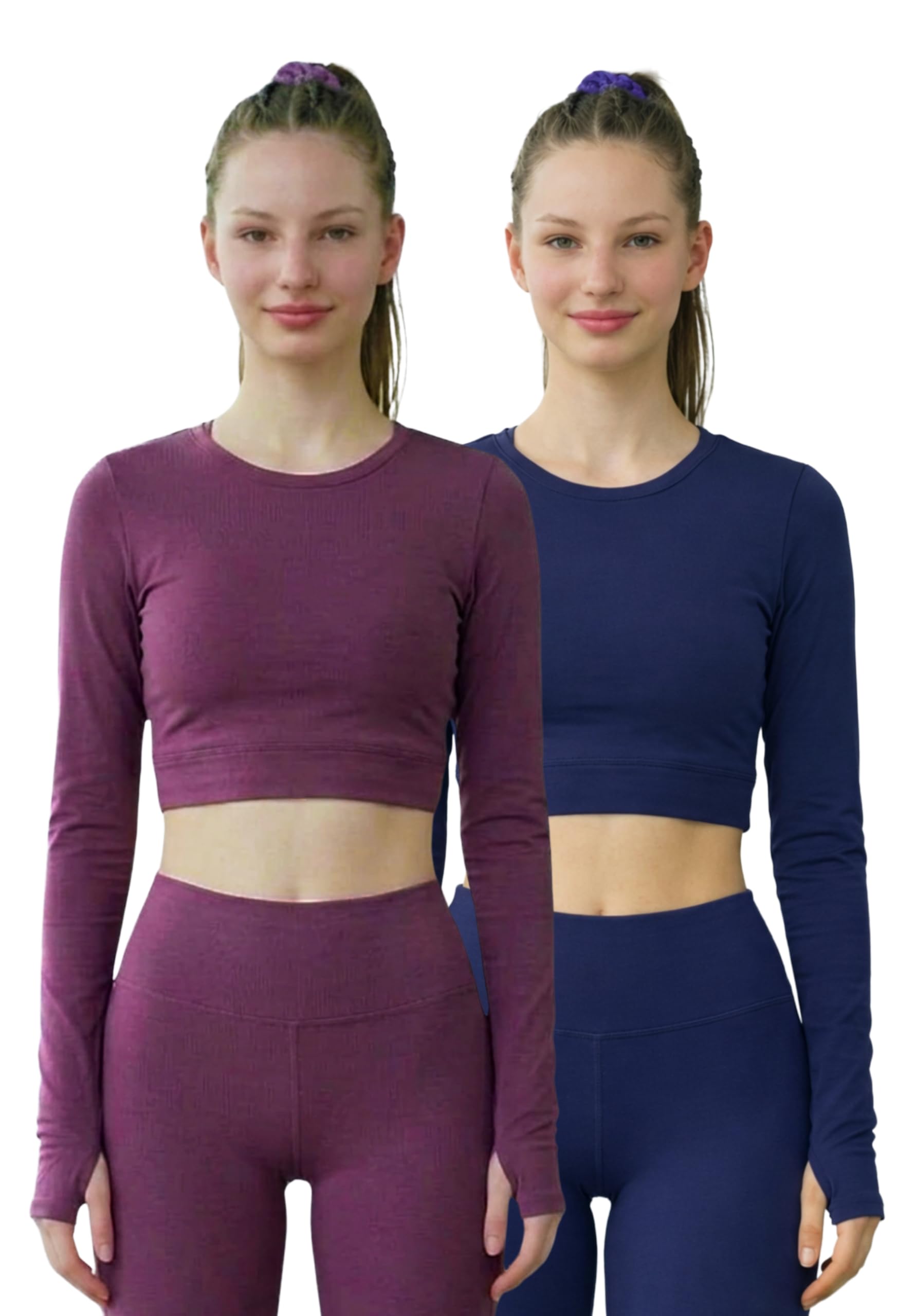 Women's Long Sleeve Crop Top Pack of 2 | Thumb Hole Gym T-Shirt | Stretch Round Neck Yoga Crop Top | Workout Running Fitness Activewear for Women-picture-33