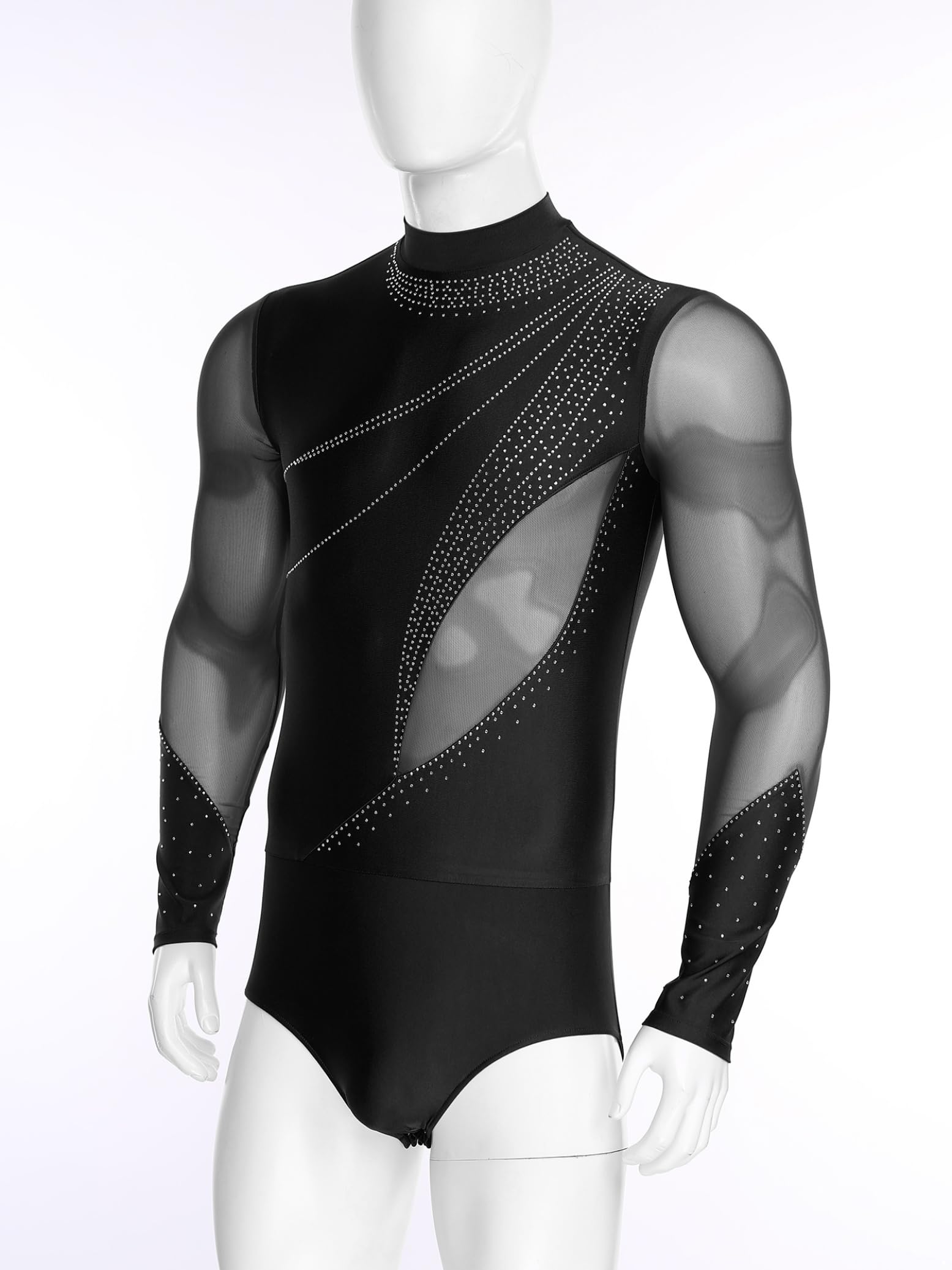 Hedmy Herren Latein Tanzbody Glitzer Mesh Langarm Turnanzug Trikot Gymnastik Lateinamerikanische Tanzkleidung Leotard