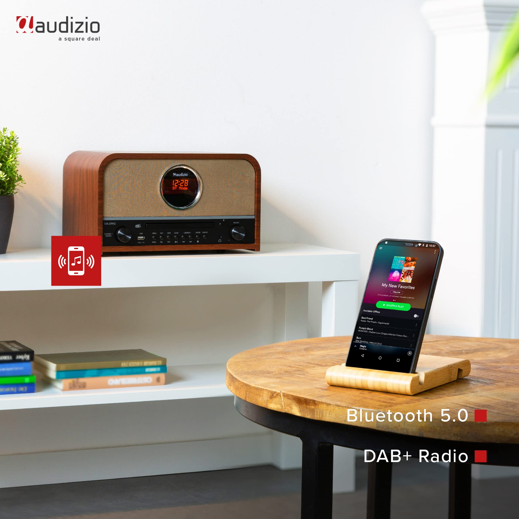 Audizio Salerno - Dab Radio Tuner, stilvolles Retro Radio mit kristallklarem Sound für EIN tolles Hörerlebnis, CD-Player, Bluetooth, USB, MP3, großes Display, Fernbedienung - Braun