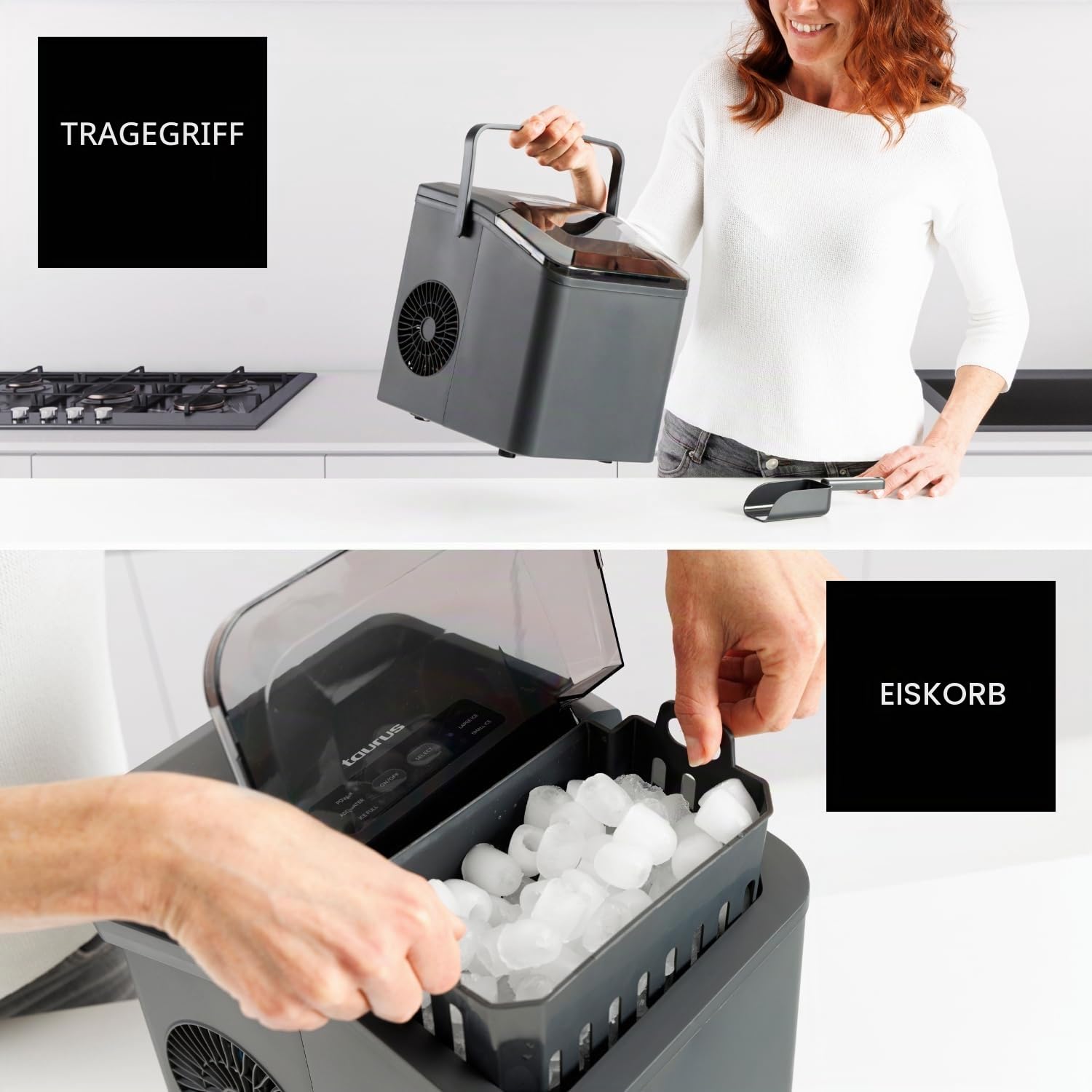 Taurus - Eiswürfelmaschine 130 W | 12 kg/24 h | 6 Min. | 2 Größen (groß/klein) | ultraleise | Selbstreinigung | Sichtfenster | tragbar