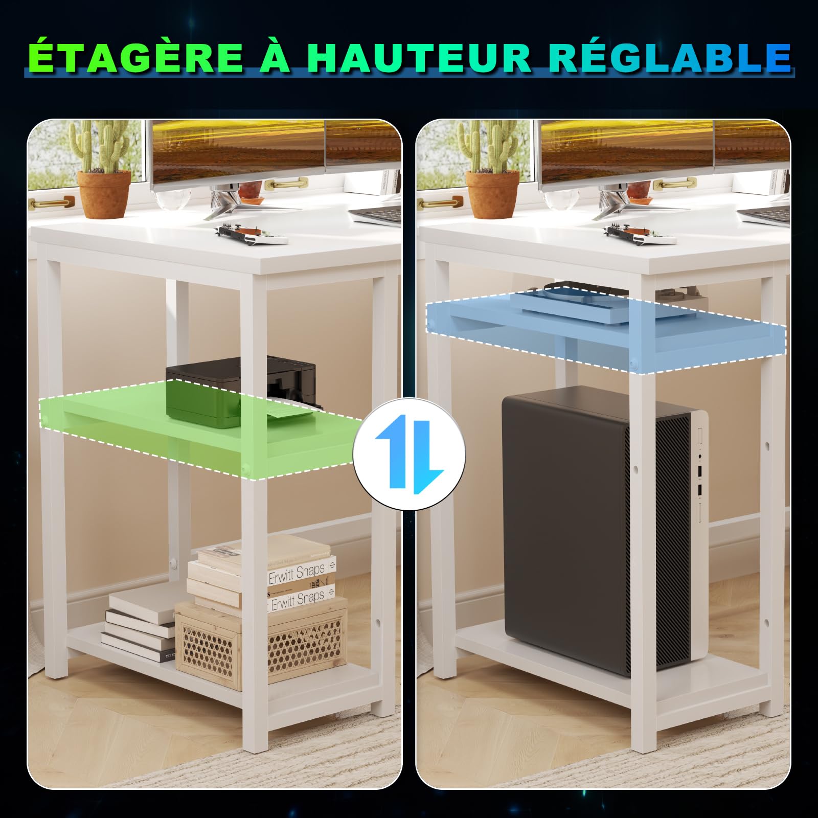 JUMMICO Bureau Gaming d'angle en L avec Rangement, 160x120 cm, Blanc