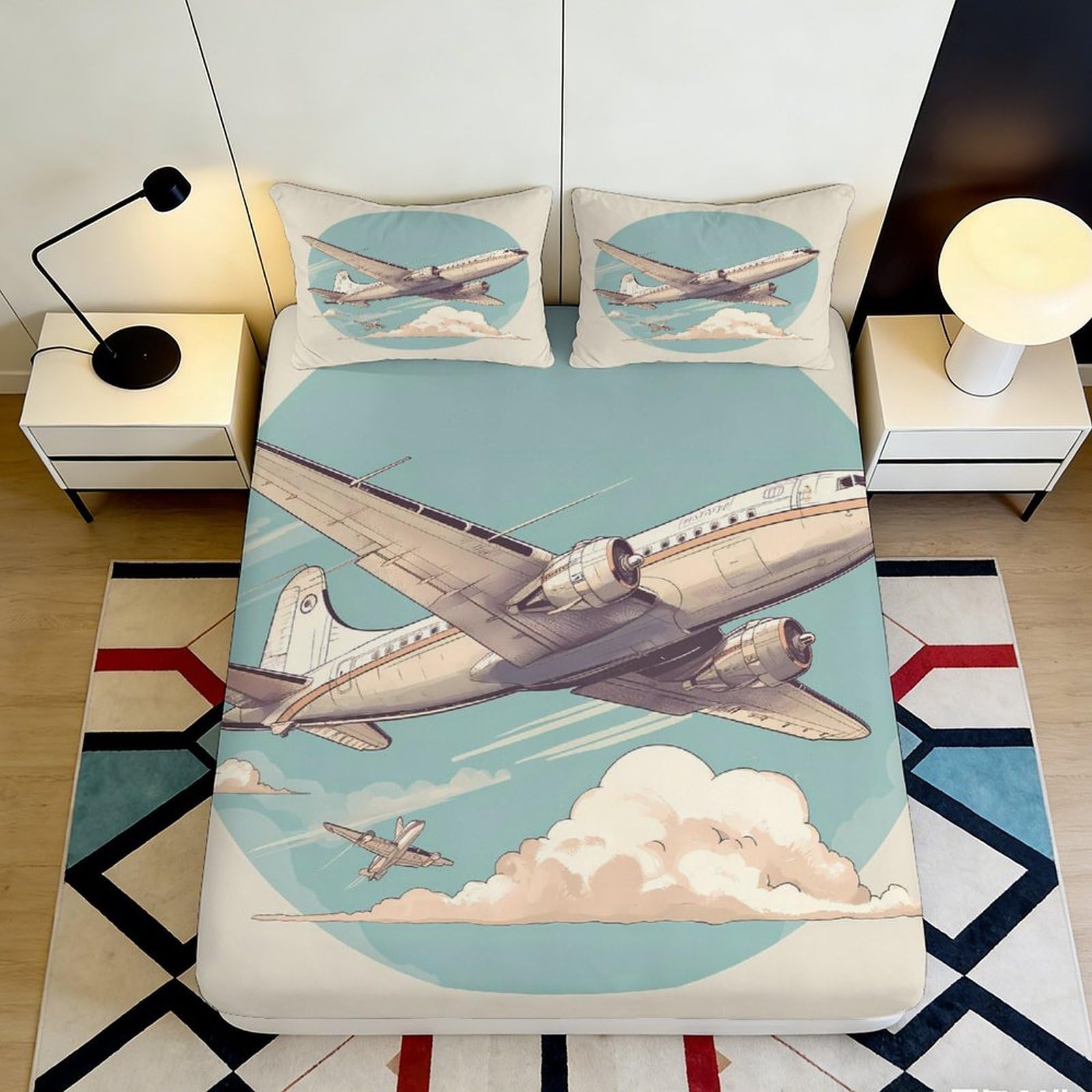 3D Printed Vintage Airplane Fitted Sheet Microfiber Deep Pocket Bedroom Bedding Vintage Airplane Mattress Fitted Cover Elastic Hem Washable 160x200x25cm