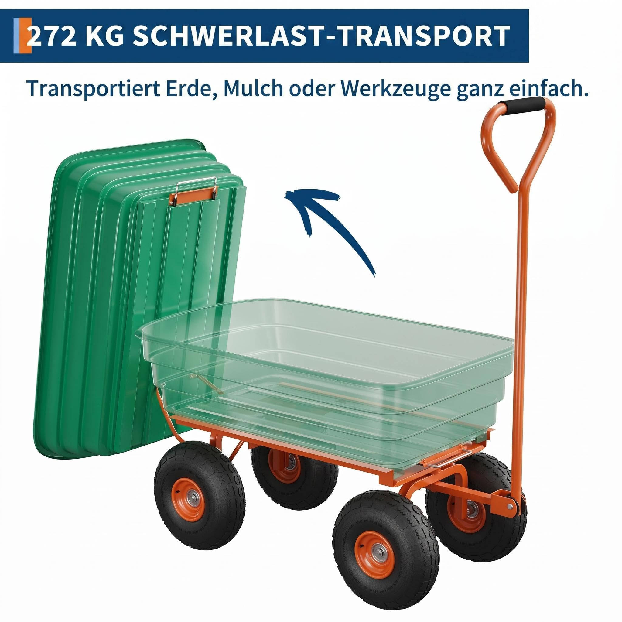 Garvee Gartenwagen, 104 x 58 x 105 cm, grün | Rostfestes Polyethylen, 272 KG Tragfähigkeit, Transportwagen für Garten, Hof und Lager