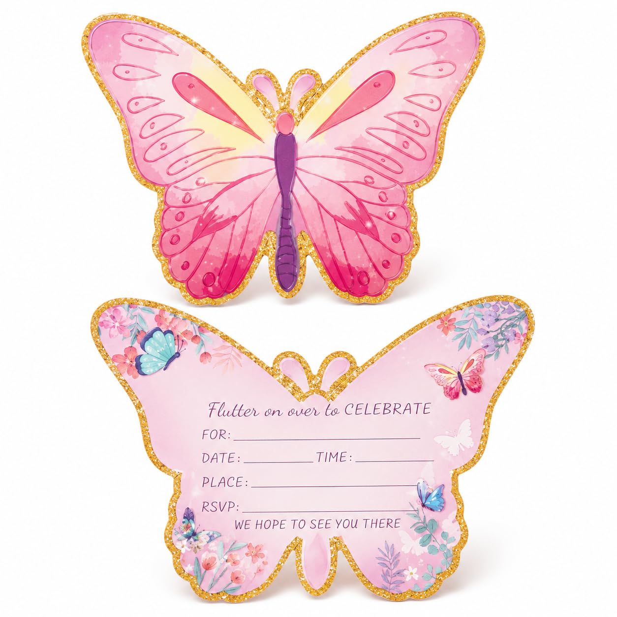40PCS Party Invites for Girls, Party Invites for Youth, Party Invitations for Girls, Birthday Invitations for girlss,Pink Butterfly Party Supplies, Tea Party Event Notifications, Keepsake Souvenir