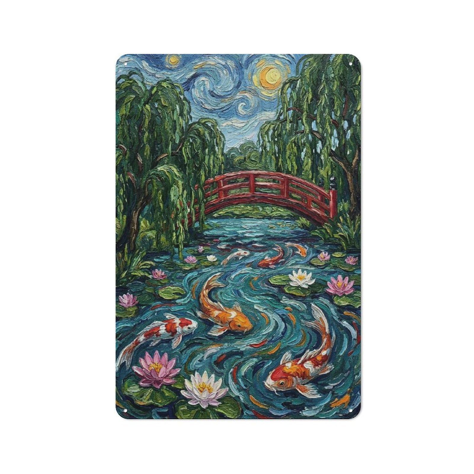 Junmoney Style-20 Tin Wall Plaque 30X20cm With Koi Pond With Japanese Bridge For Hobby Room Or Studio, For Kitchen, Dining Room And Home Bar Wall Decor