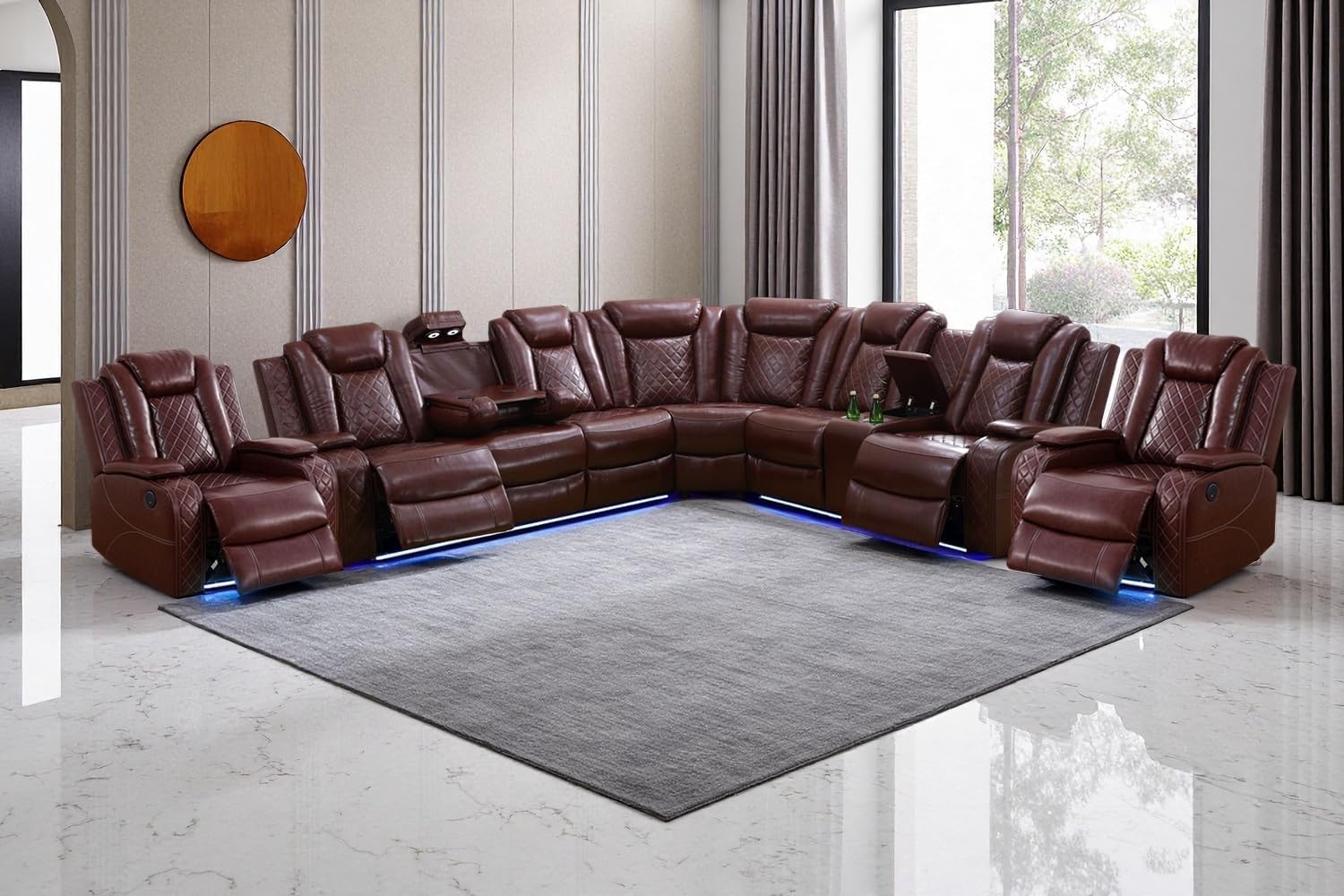 A Ainehome Power Recliner Sectional Sofa Set with LED Light, Leather Reclining Sectional Couches Corner Sectional Sofa Set with 2 Recliner Seats for Living Room with Cup Holder, Storage Console, Black