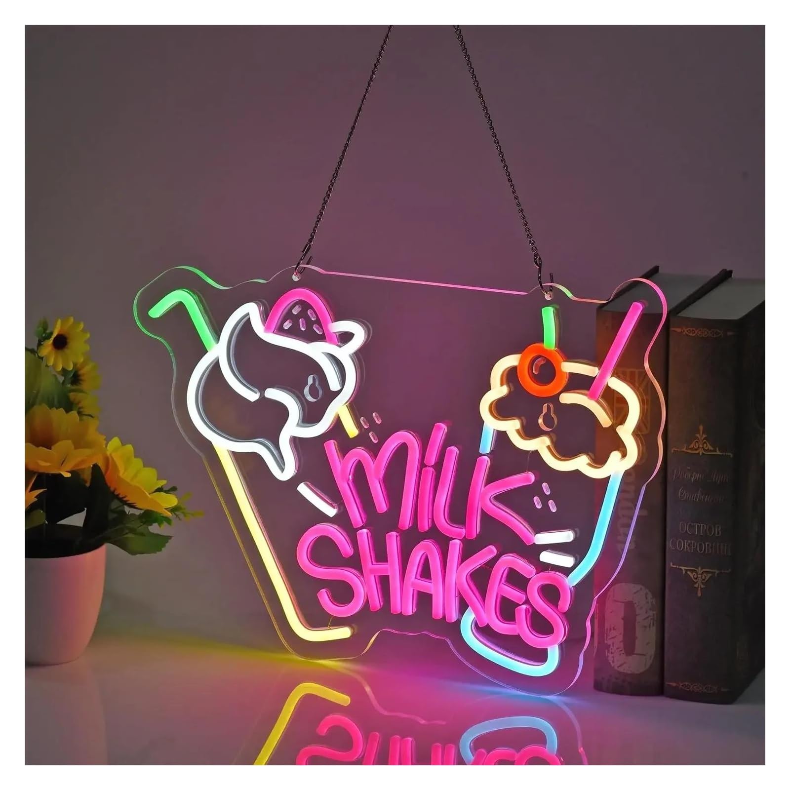 Insegna al Neon Insegna Al Neon Milk Shakes, Luci Al Neon, Decorazione Murale Per Negozio Di Cibo, Bevande, Gelateria, Yogurteria, Negozio Di Bubble Tea,38x27.8cm