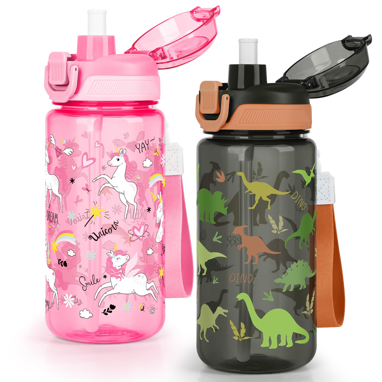 omedecal 600ml Kids Water Bottle with Pop-Up Lid & Lock, BPA-Free, 2-in-1 Removable Straw or Direct Drink Plastic Water Bottle, Dishwasher Safe, Handle Strap, Boys & Girls, Unicorn & Dinosaur