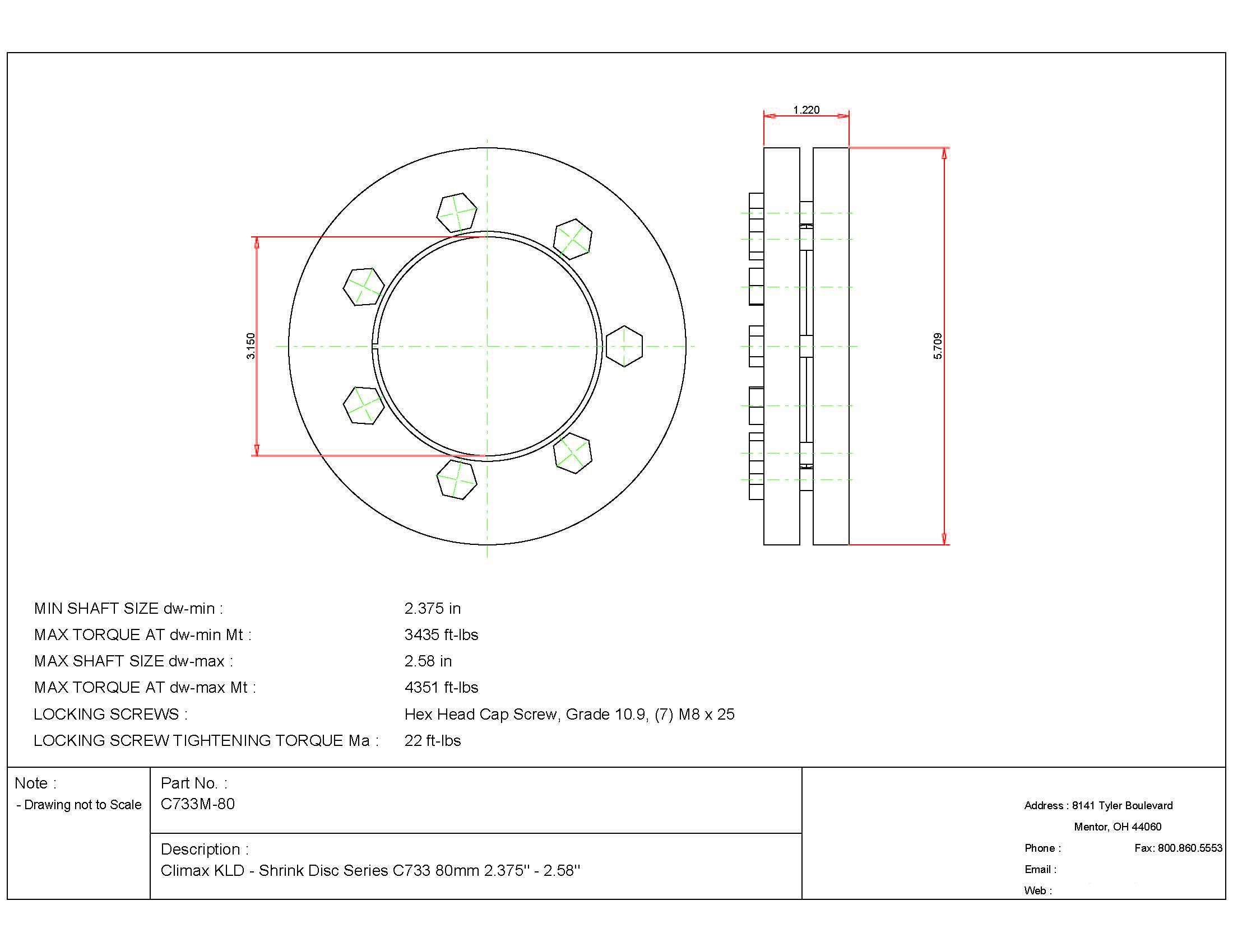 Climax Metals C733M-80 Shrink Disc, Standard Duty, Steel with Zinc Plated Outer Rings, 80 mm Diameter Bore, 3.15