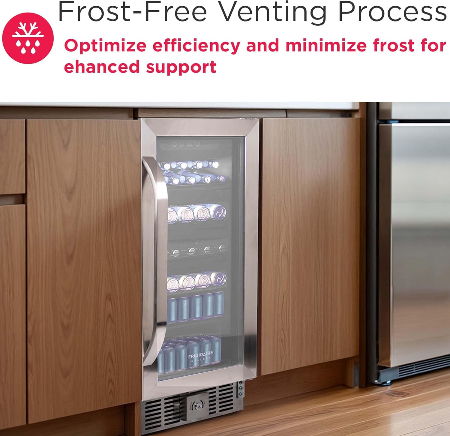 Frigidaire Gallery Beverage Cooler in kitchen, highlighting frost-free feature