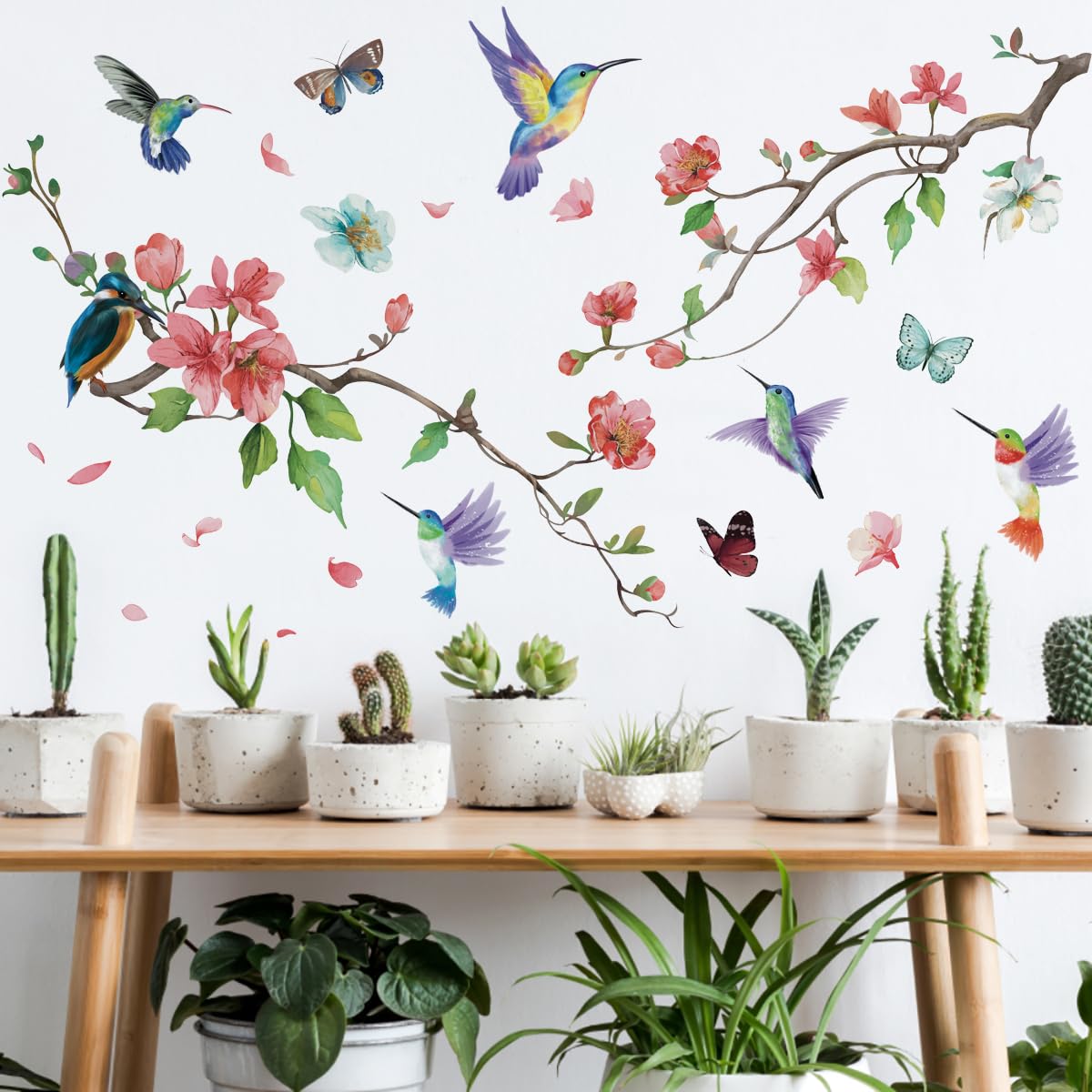 Runtoo Hummingbird Wall Decal Peel and Stick Flower Tree Branch Pink Floral Wall Stickers for Living Room Bedroom Baby Nursery